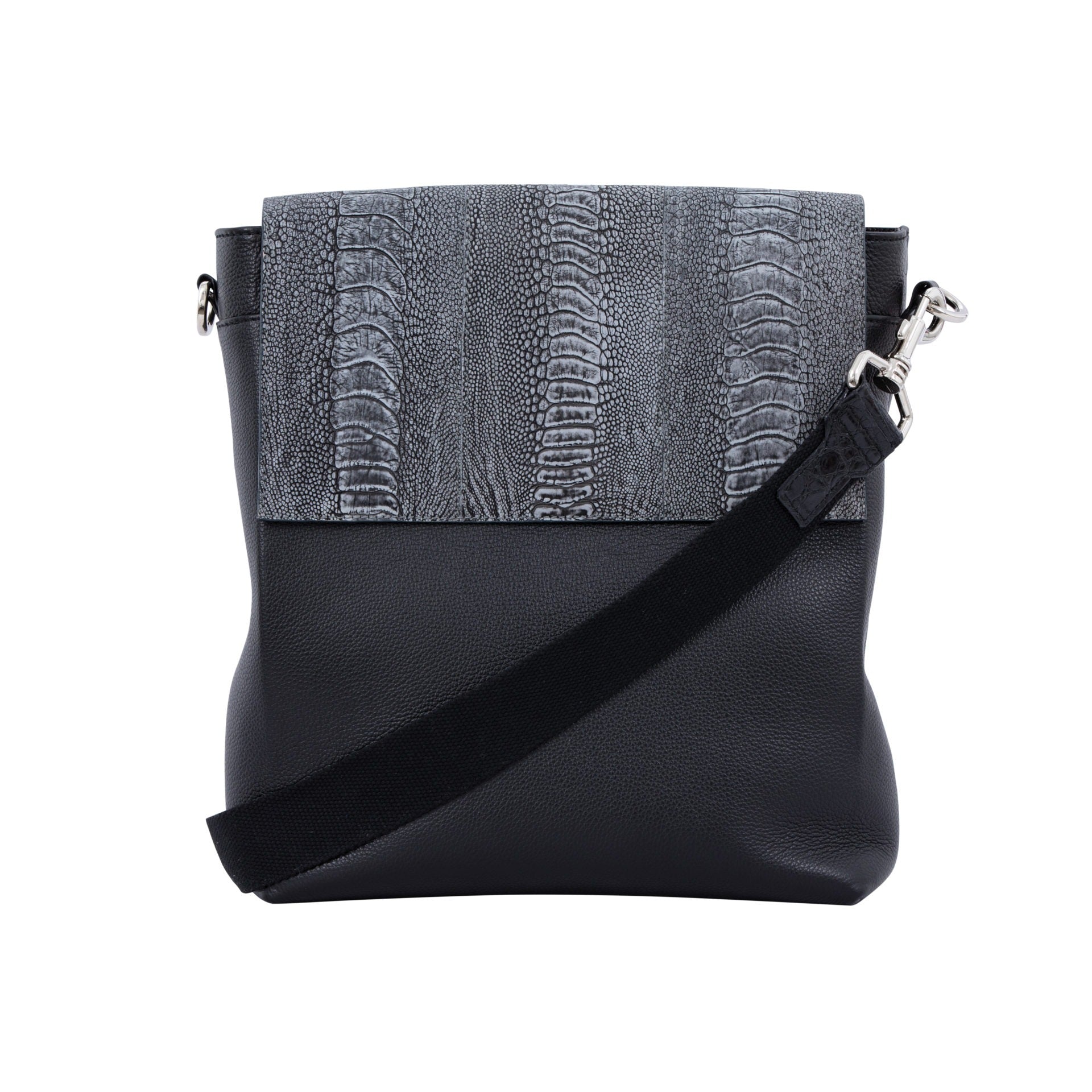 Black textured messenger bag with strap on a white background