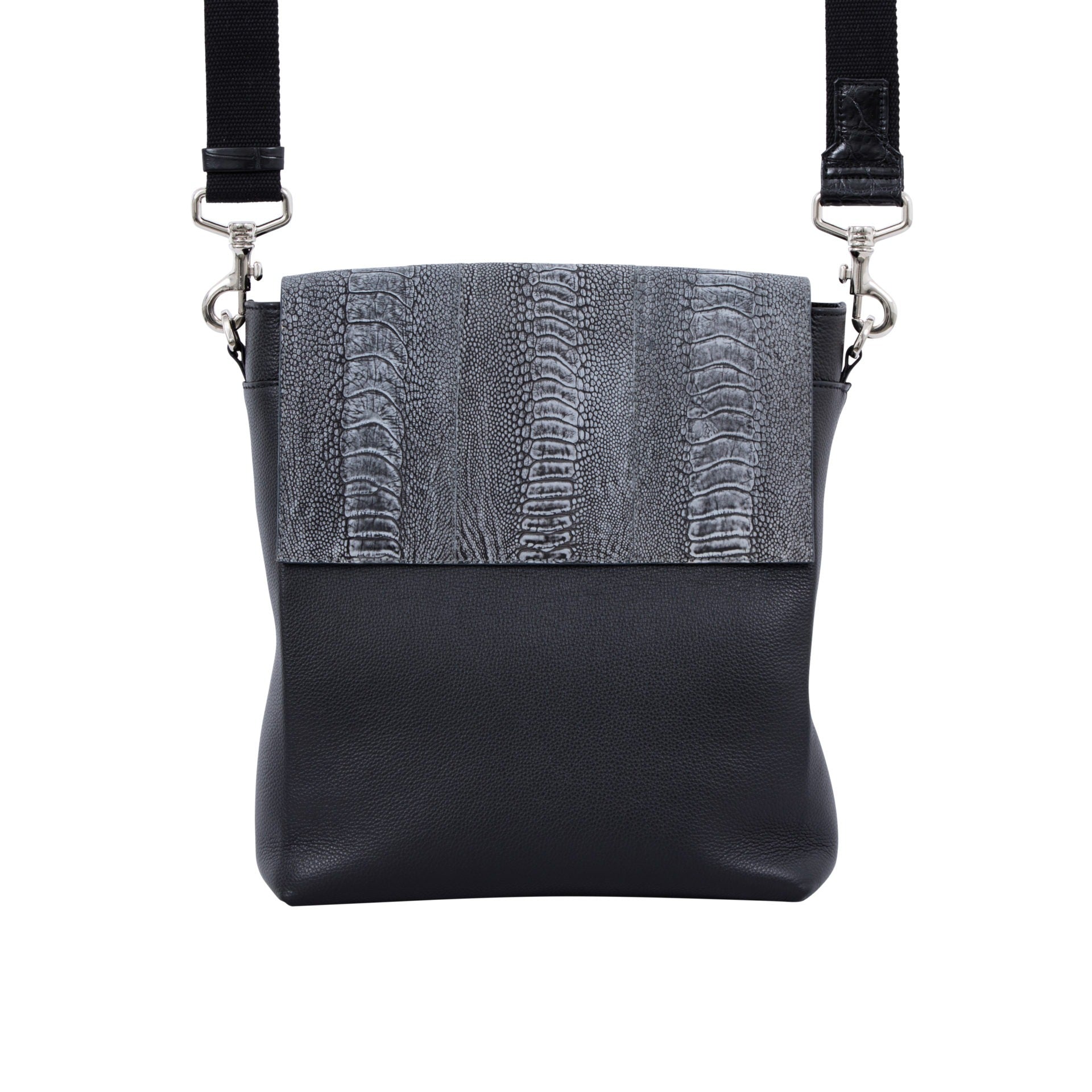 Black textured messenger bag with strap on a white background