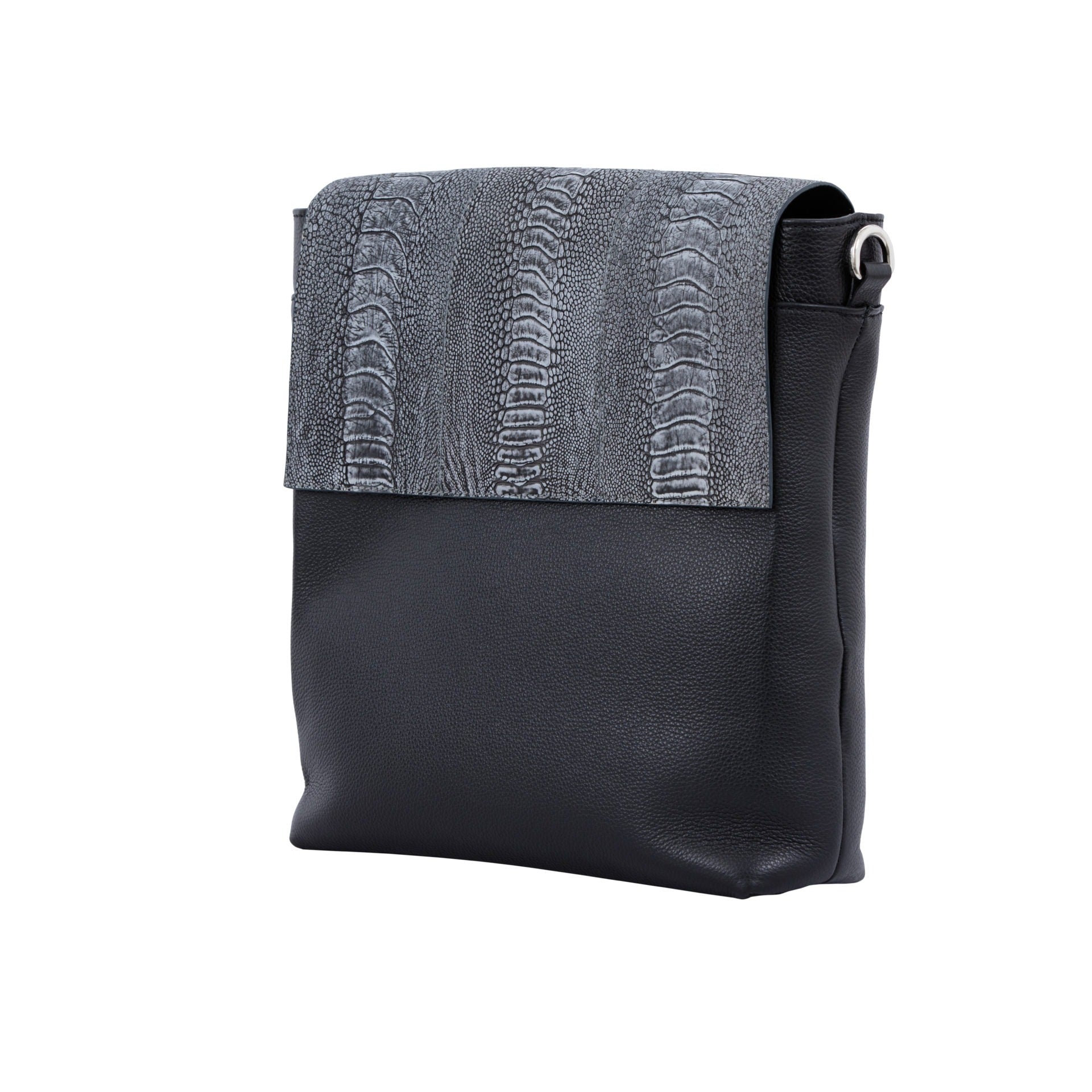 Black textured messenger bag on a white background