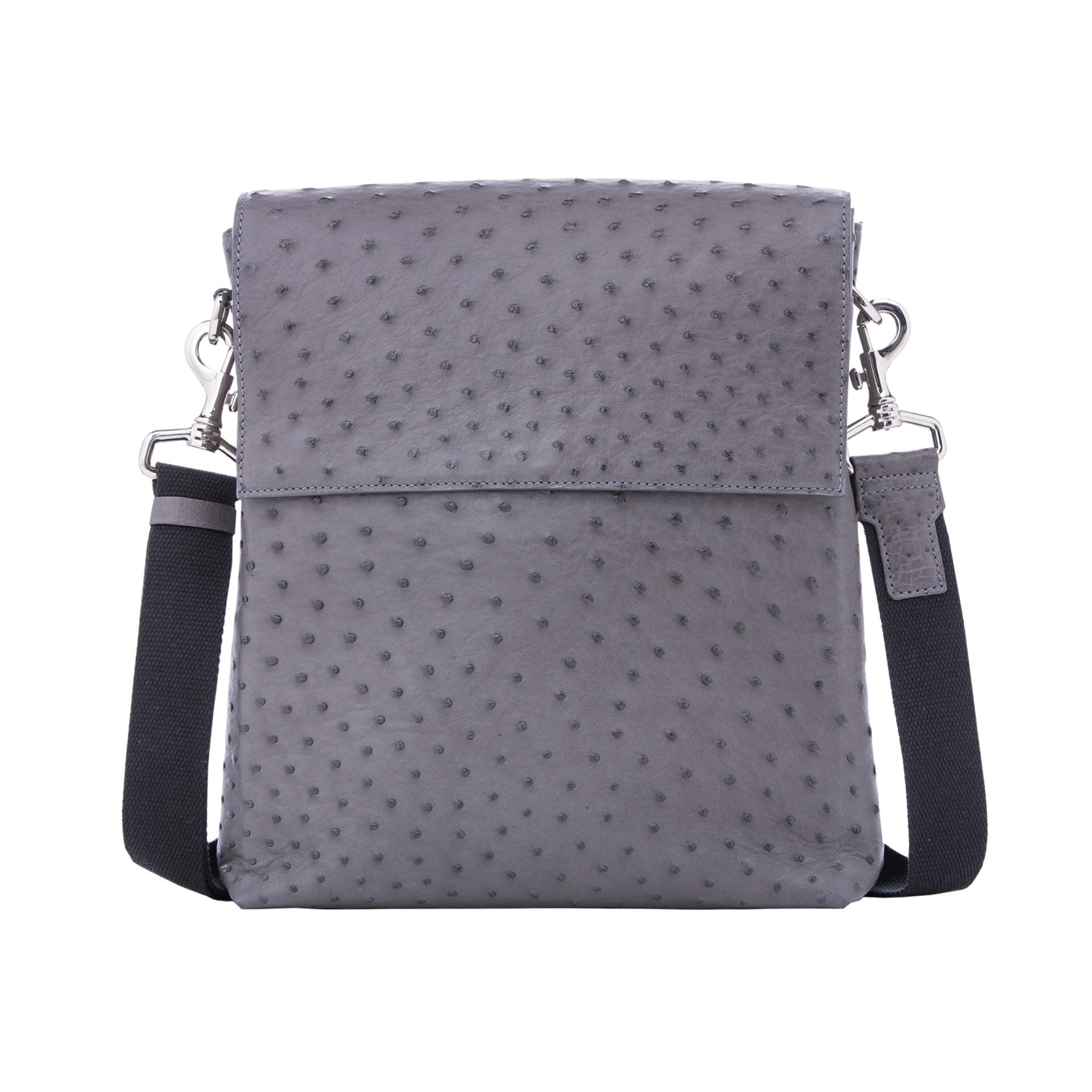 Anthracite ostrich textured messenger bag on a white background