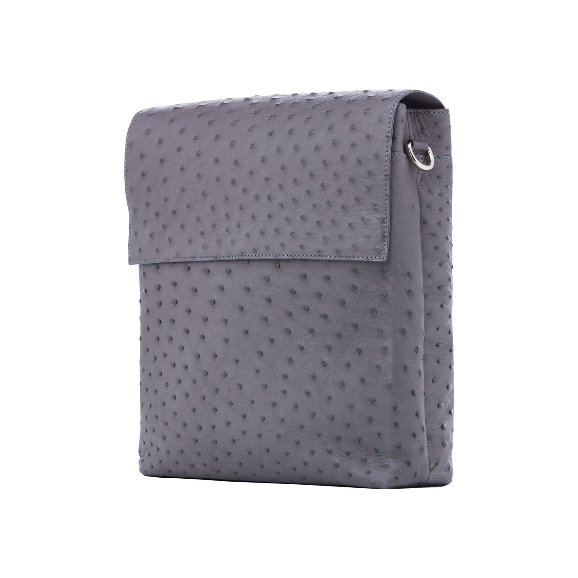 Anthracite ostrich textured messenger bag on a white background