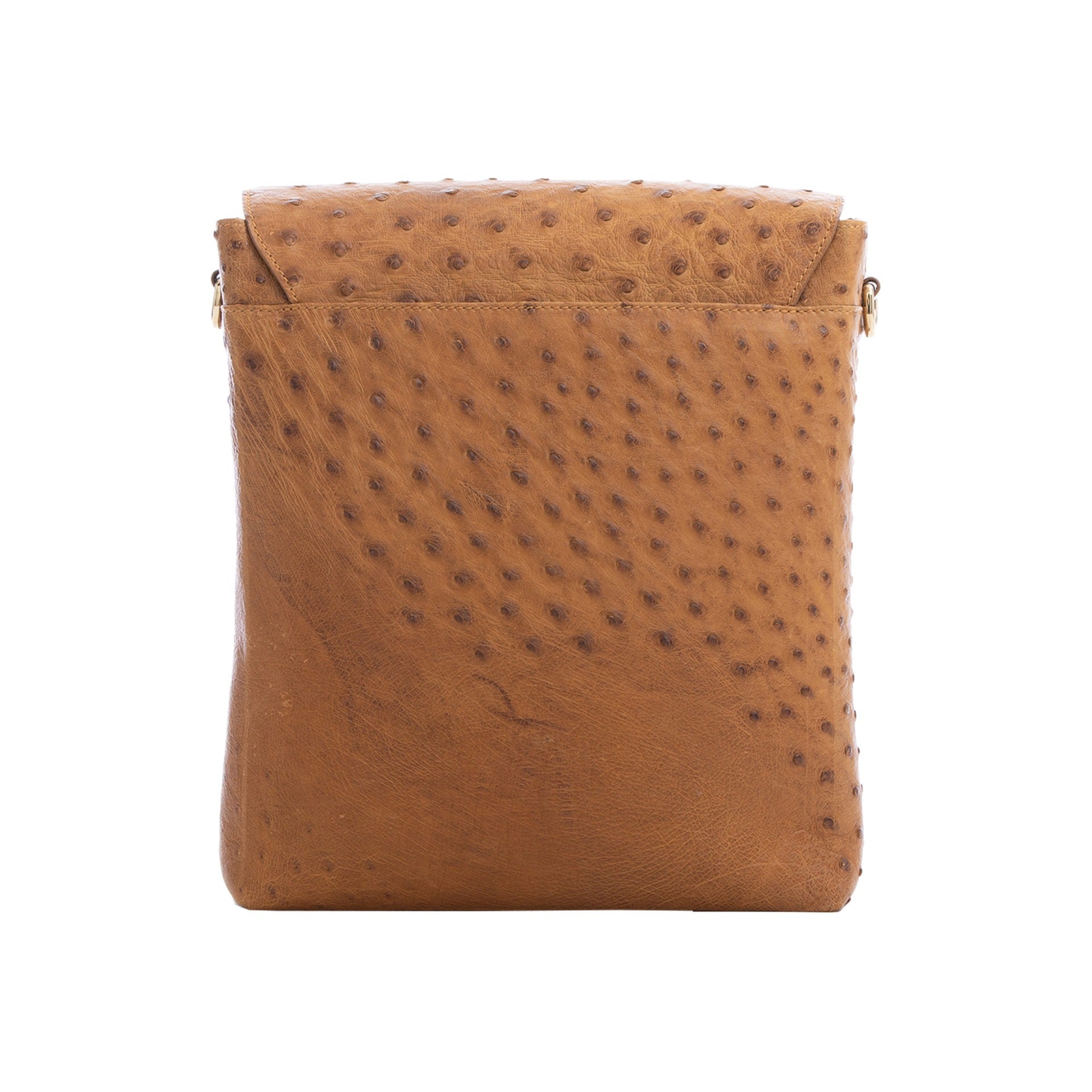 Brown ostrich textured messenger bag on a white background