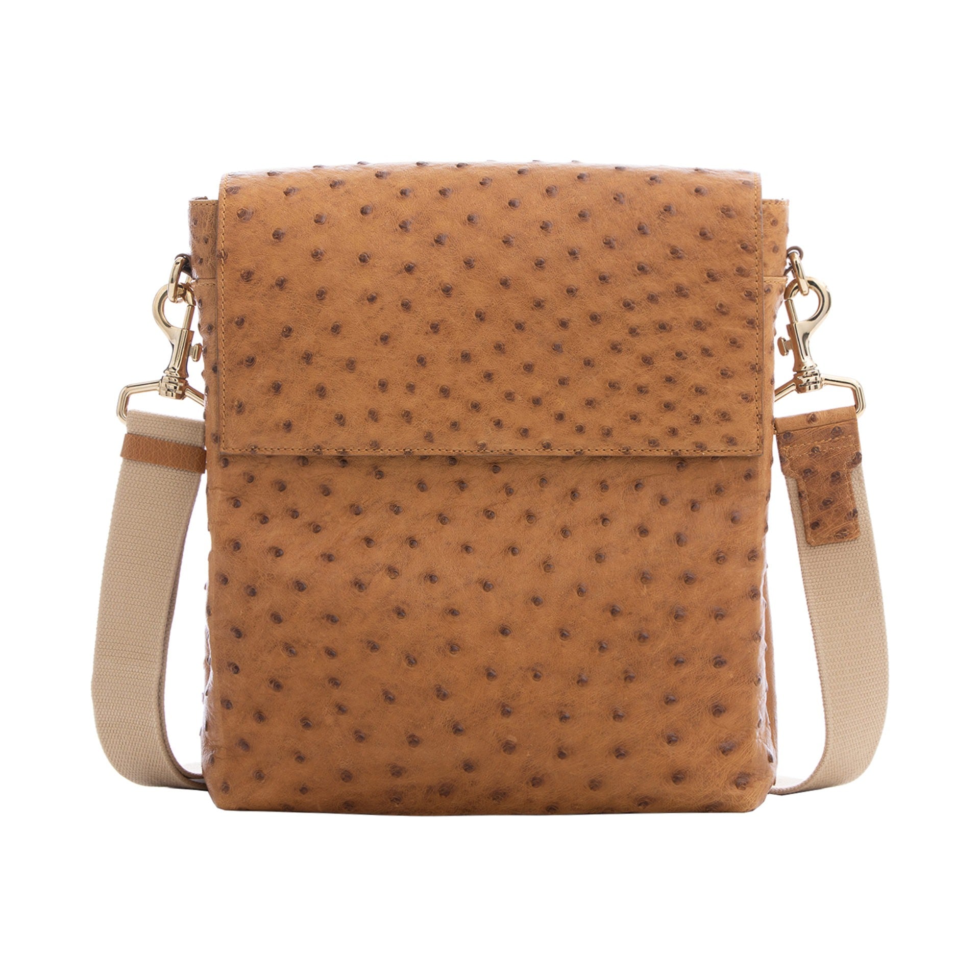 Brown ostrich textured messenger bag on a white background