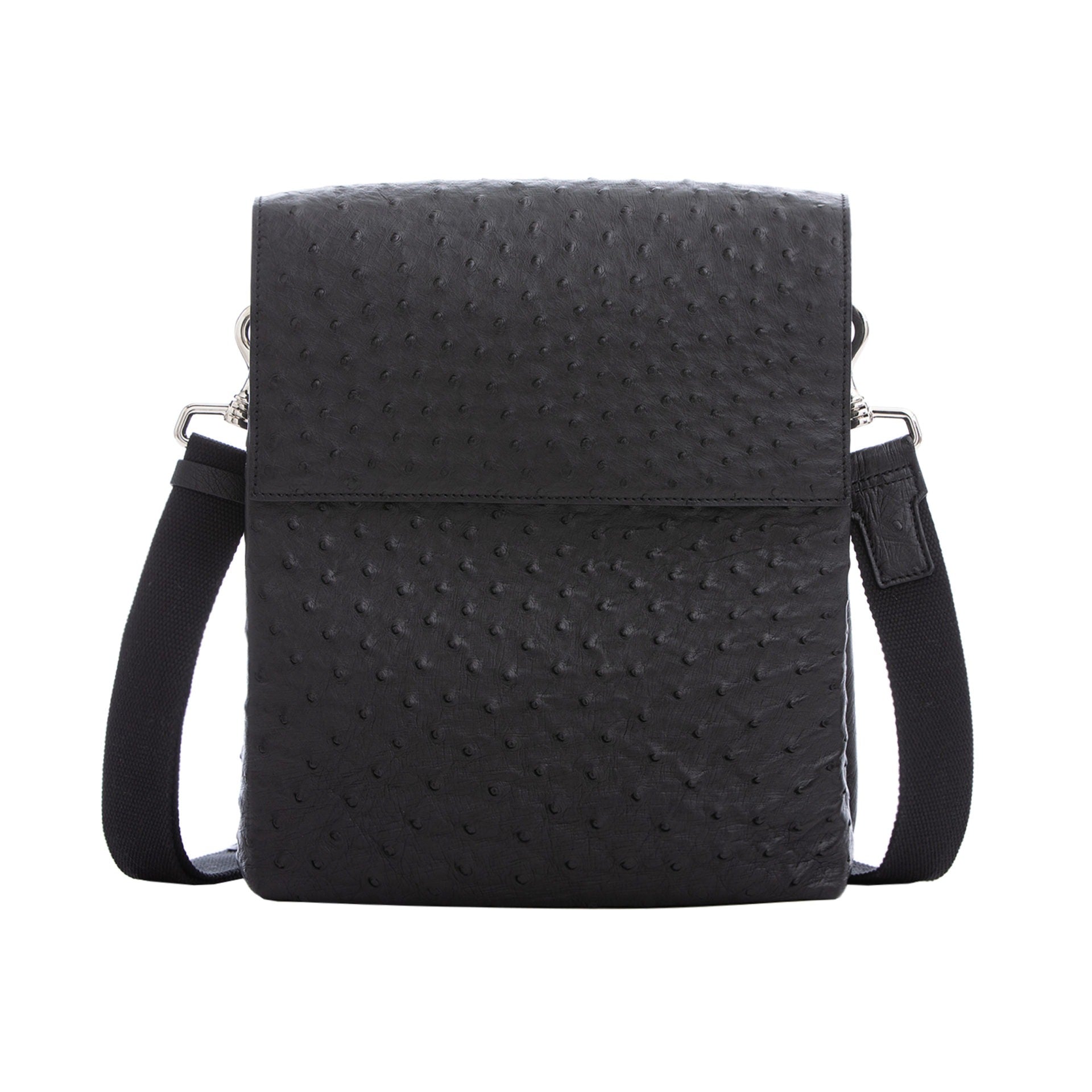 Black ostrich textured messenger bag on a white background