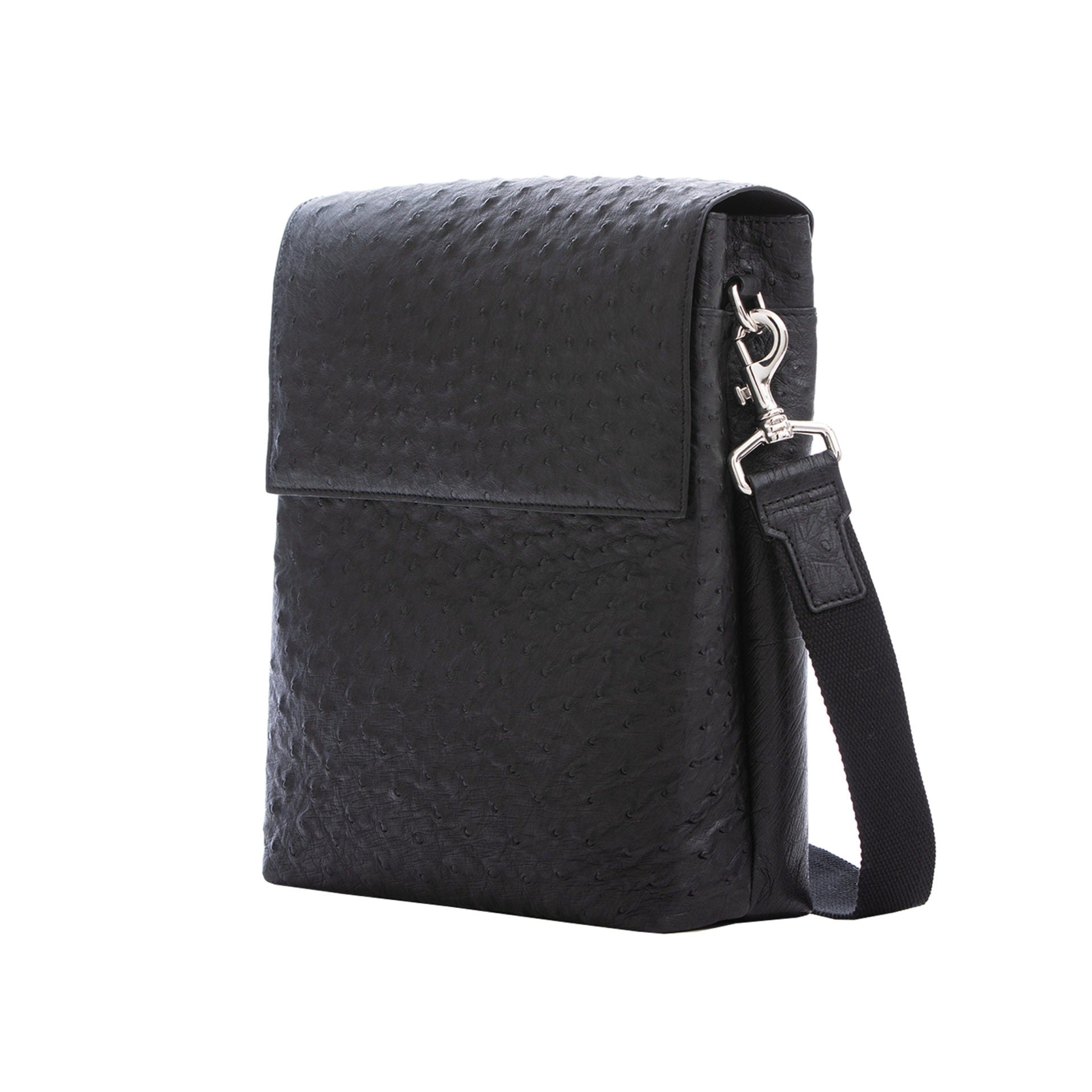 Black ostrich textured messenger bag on a white background