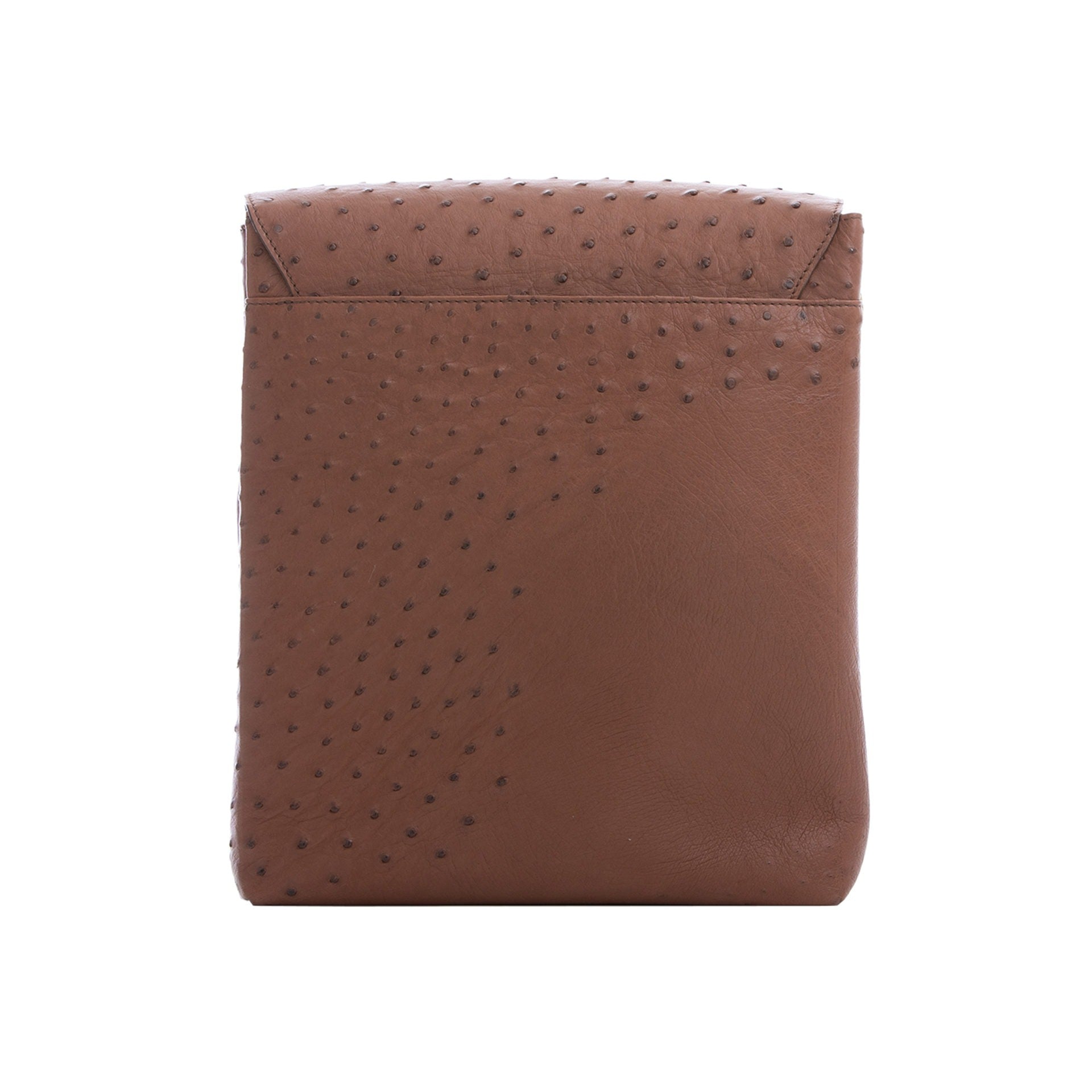 Back view of kango ostrich textured messenger bag on a white background