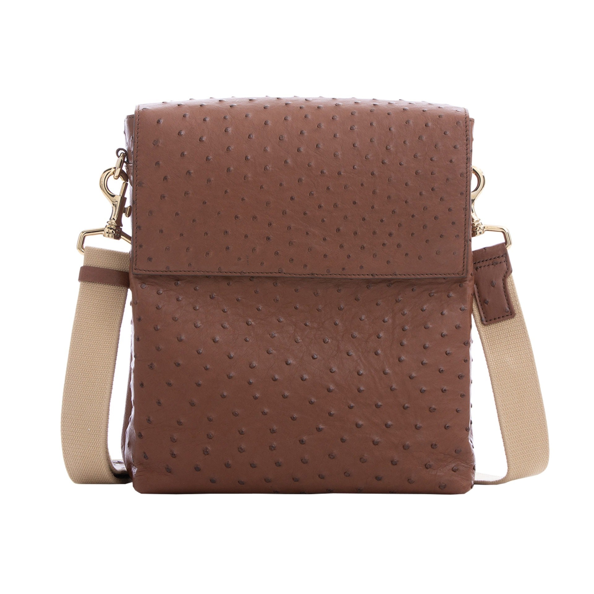 Front view of kango ostrich textured messenger bag on a white background