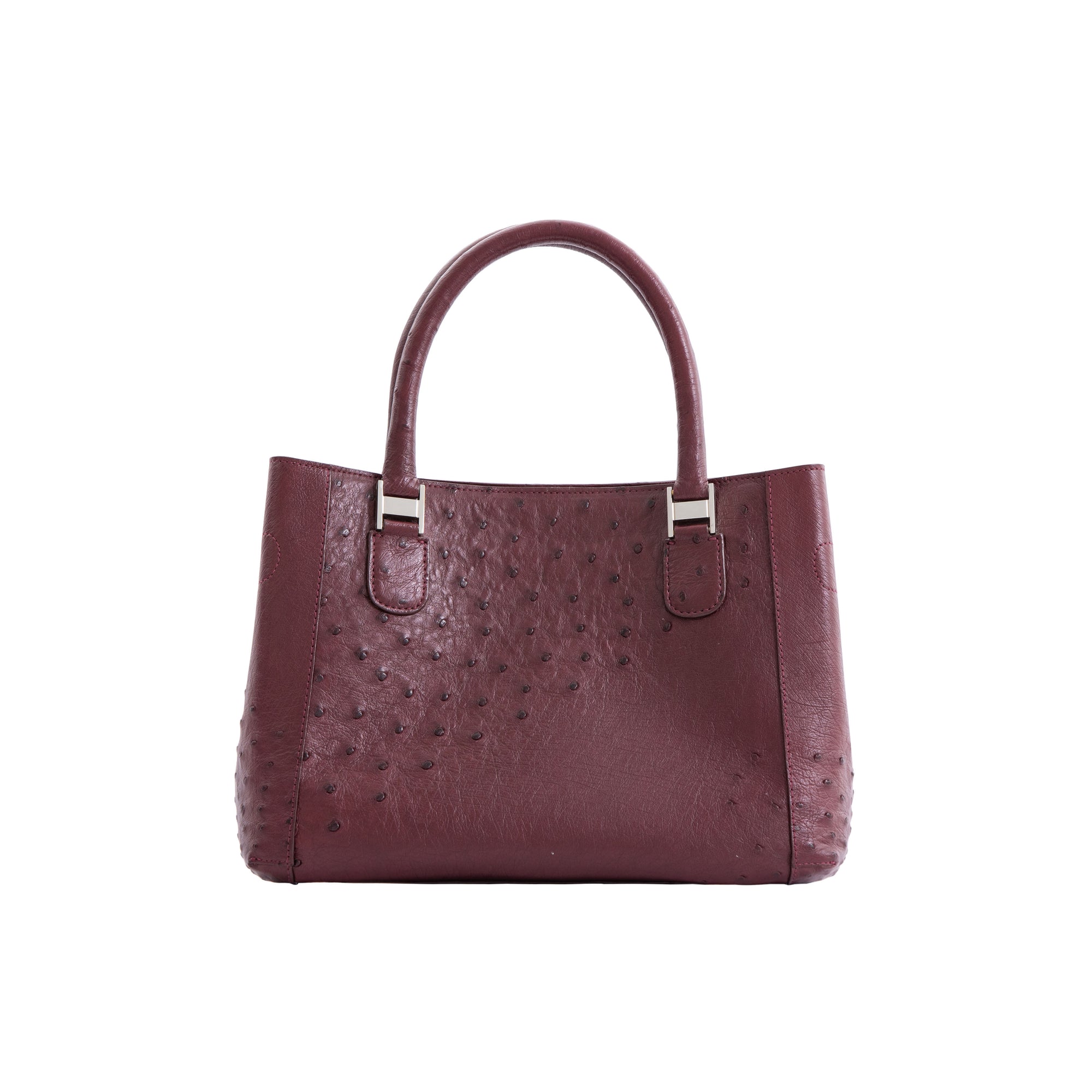 Maroon handbag with a textured pattern on a white background