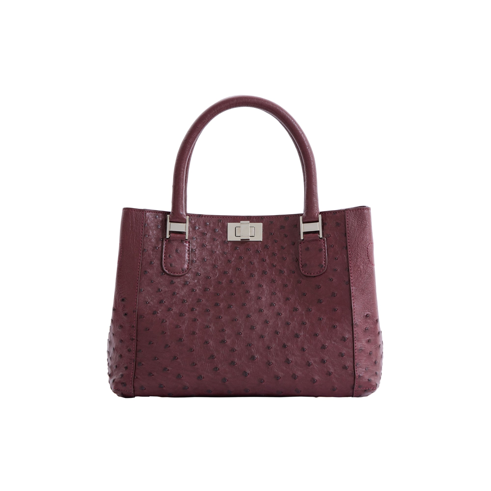 Maroon handbag with a silver clasp on a white background