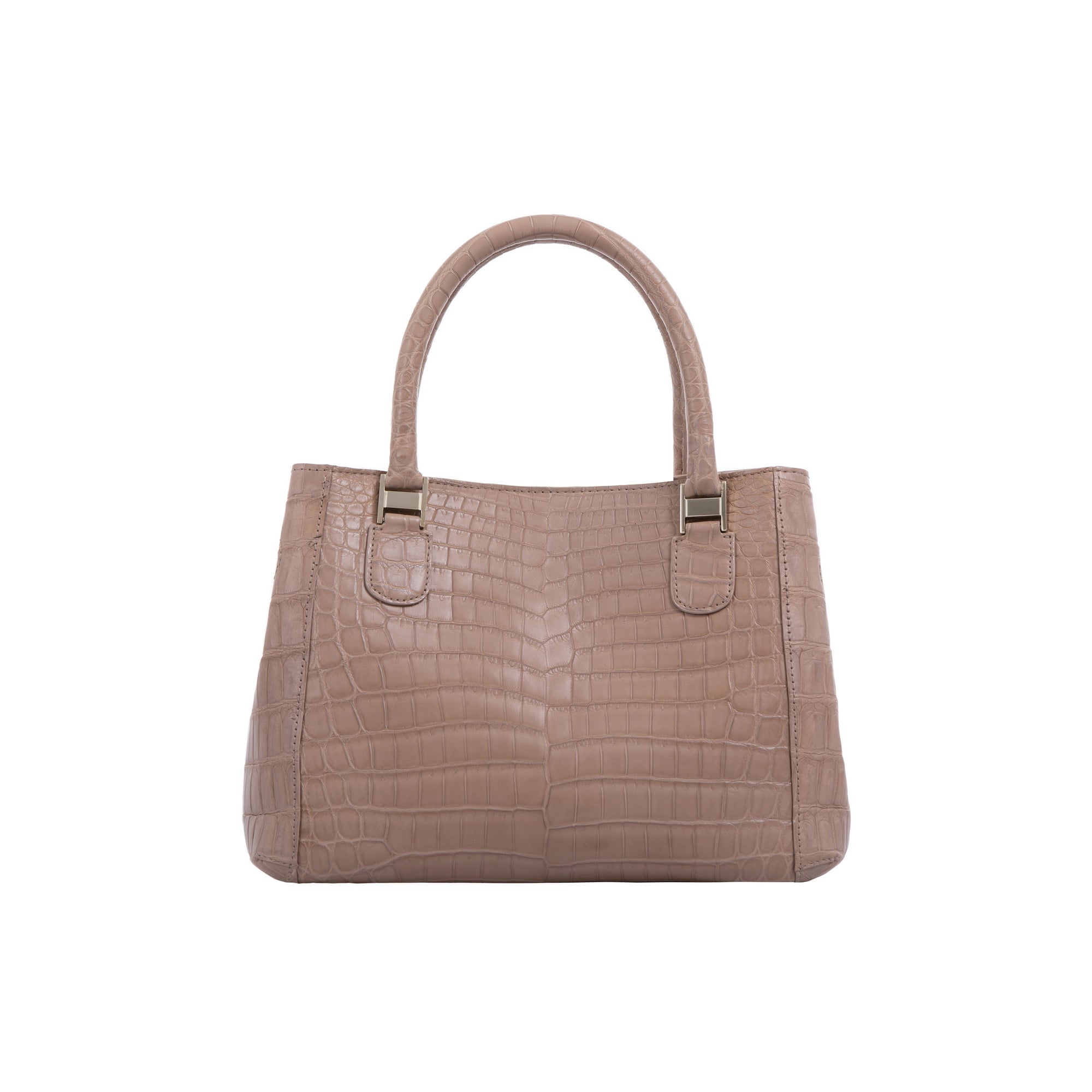 Brown handbag with crocodile texture on a white background
