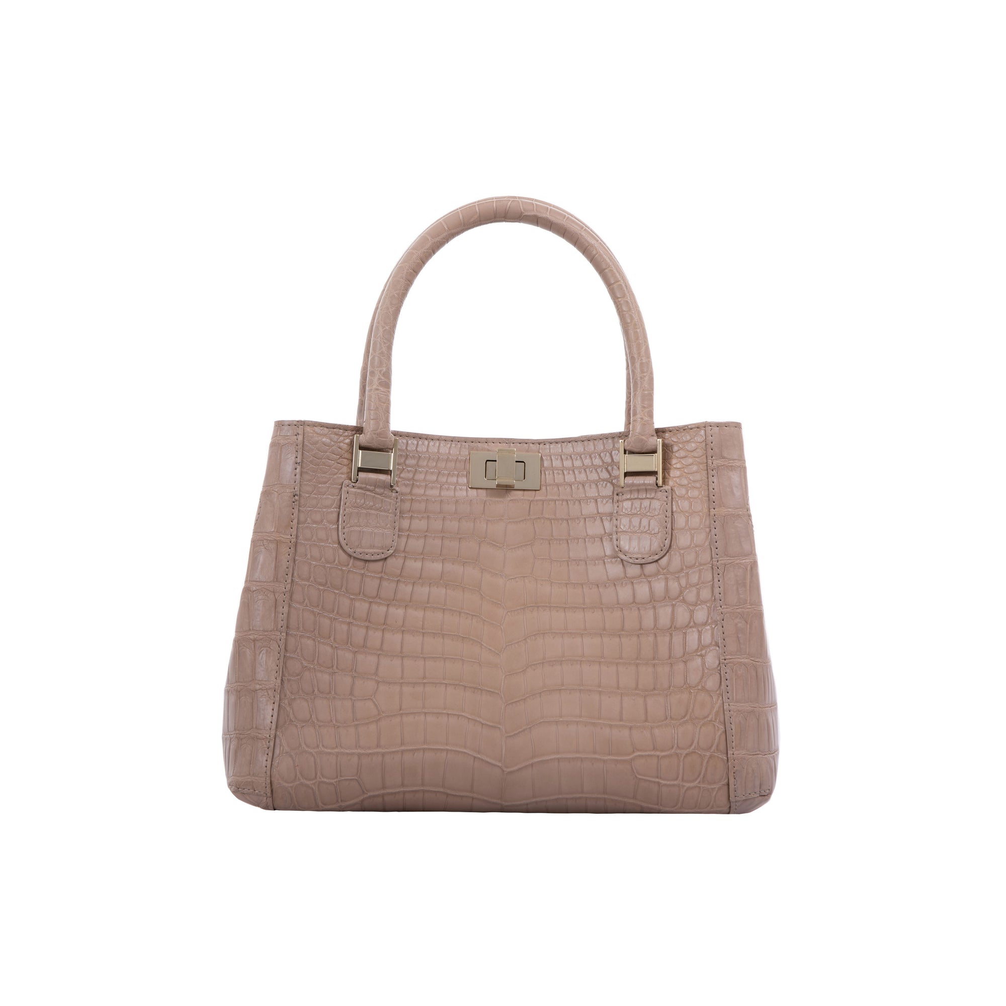 Beige handbag with crocodile texture on a white background