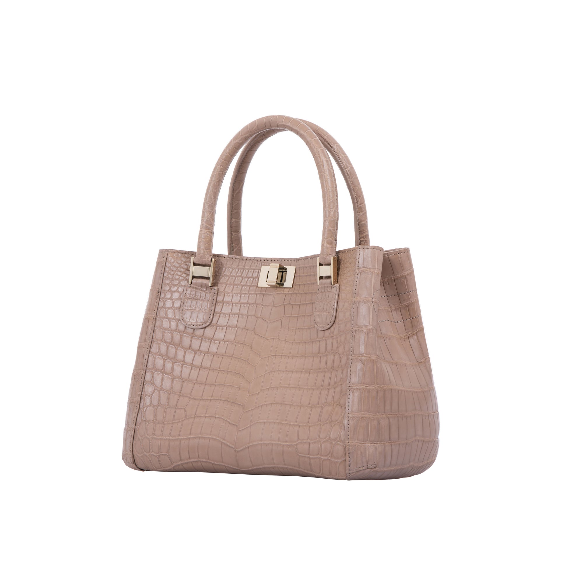 Beige handbag with crocodile texture on a white background