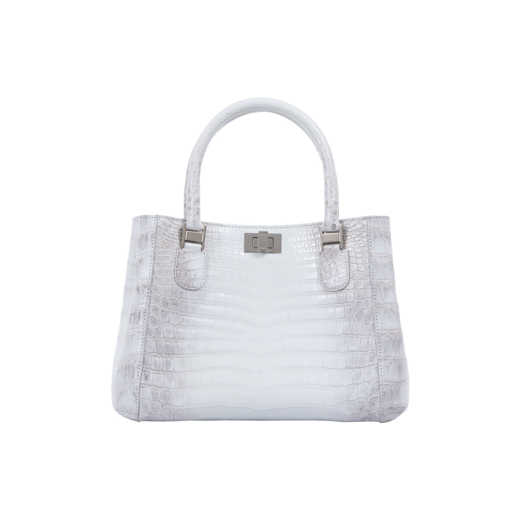 White handbag with silver hardware on a white background