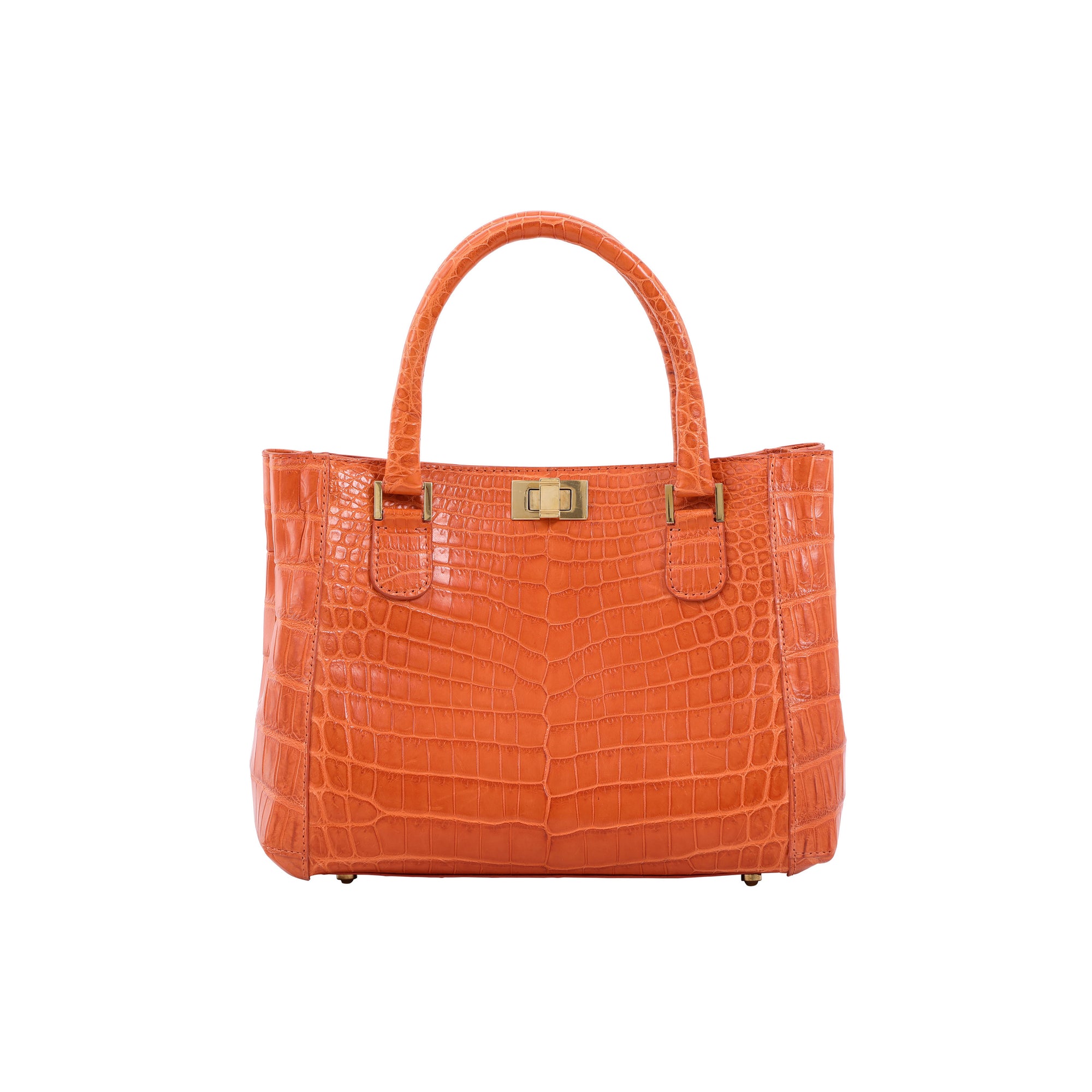 Orange crocodile-patterned handbag on a white background