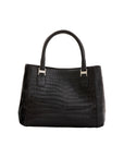 Black crocodile-patterned handbag on a white background