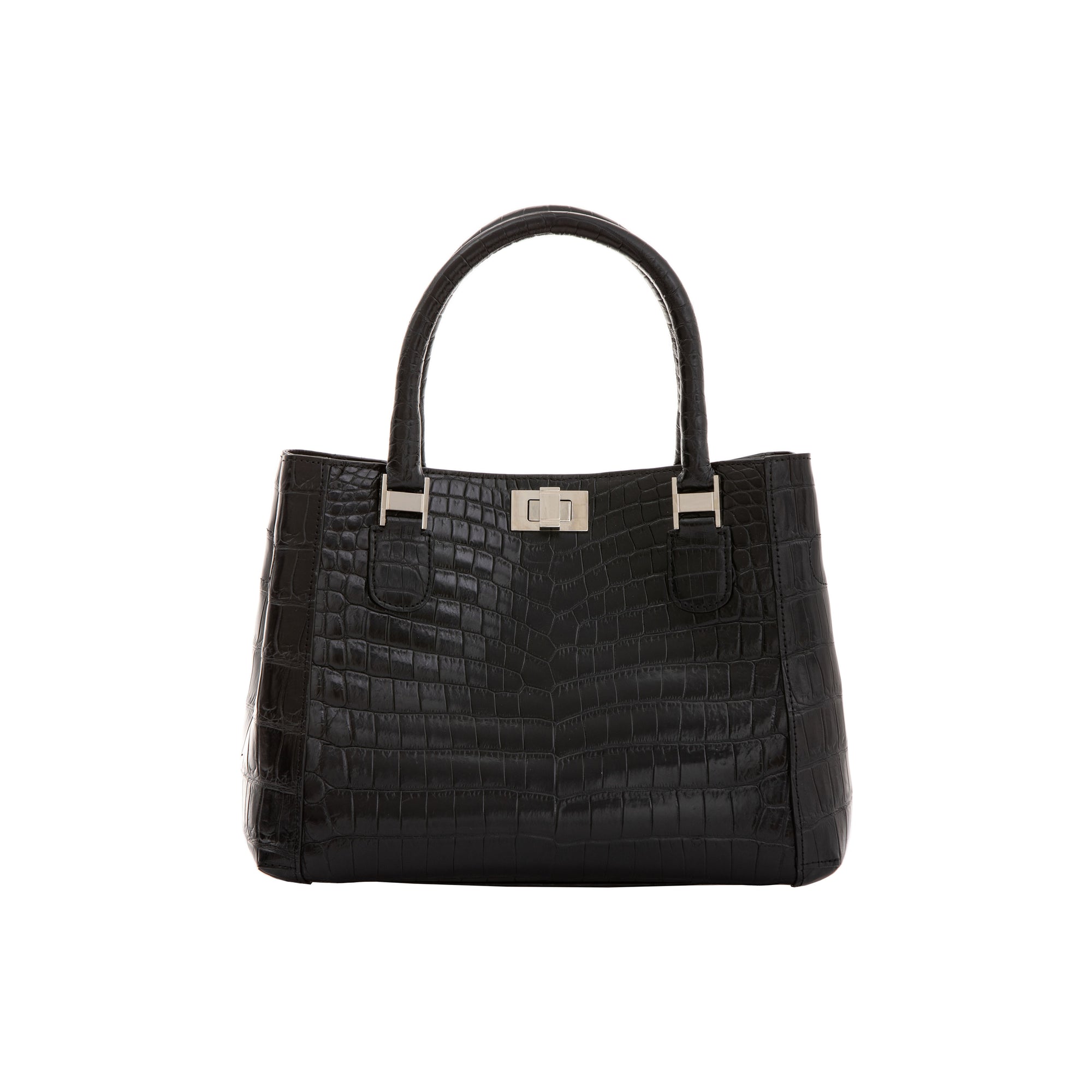 Black crocodile-patterned handbag with gold hardware on a white background