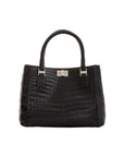 Black crocodile-patterned handbag with gold hardware on a white background