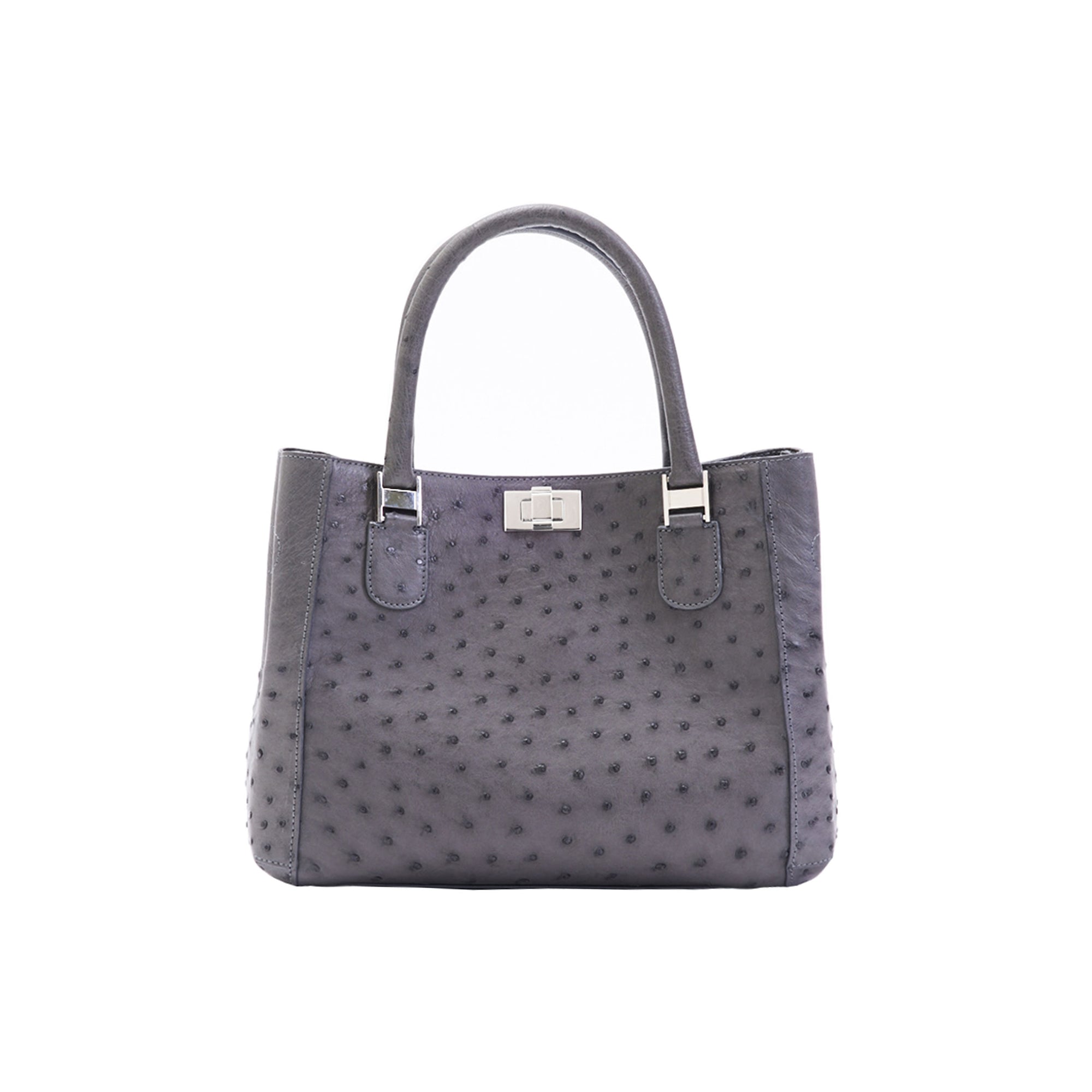 Gray textured handbag with a visible brand logo on a white background