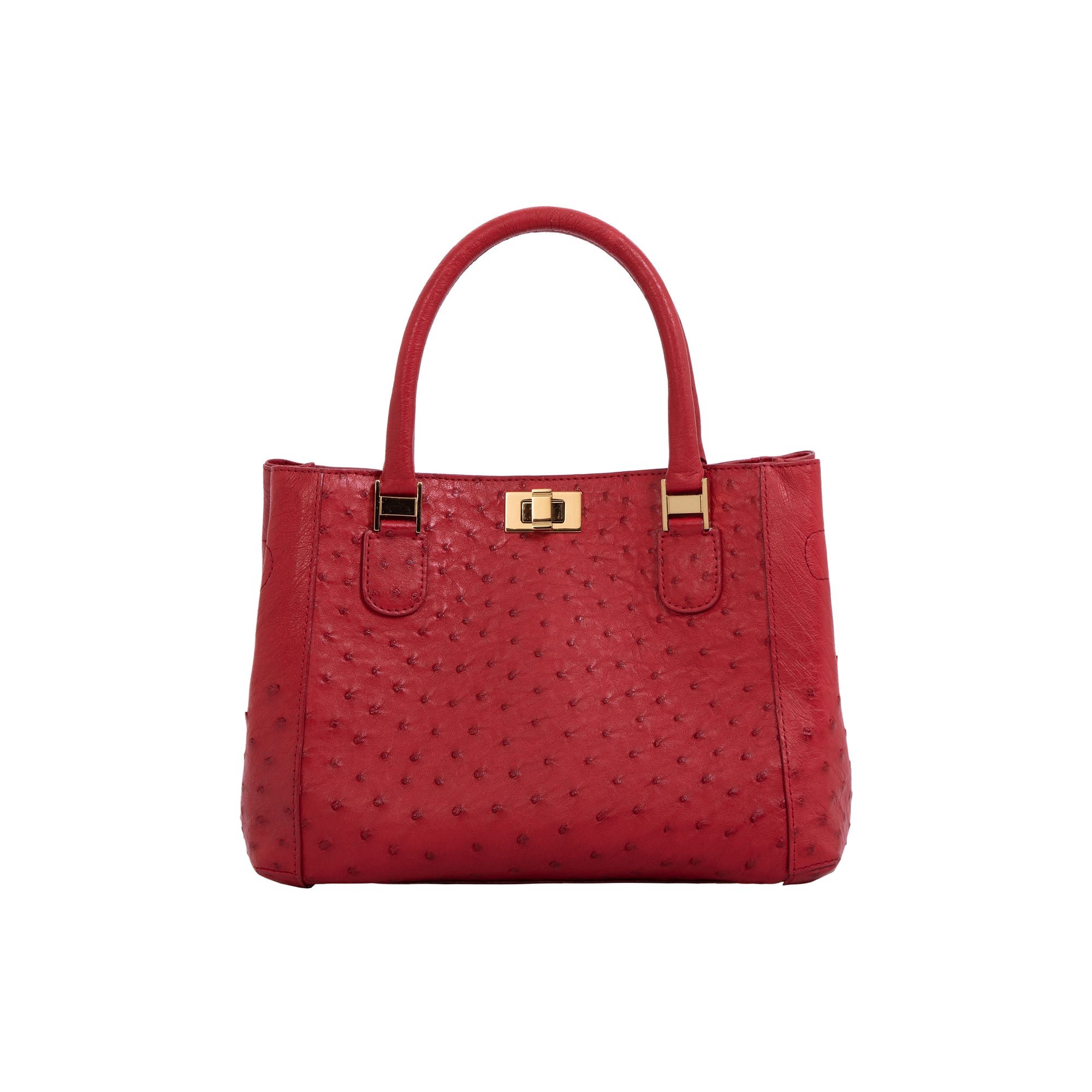 Red handbag with gold accents on a white background