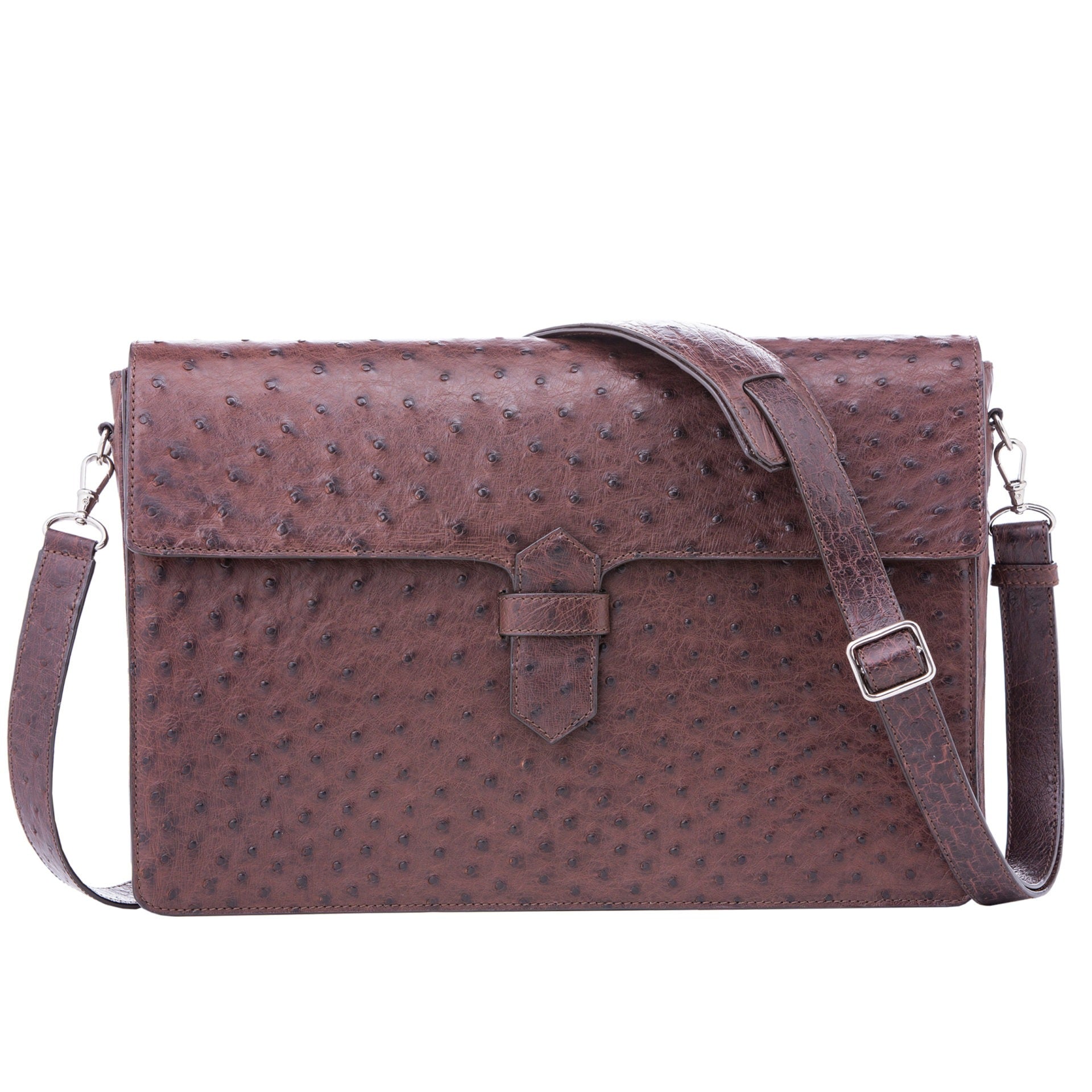 Ostrich textured briefcase with a silver clasp and strap on a white background