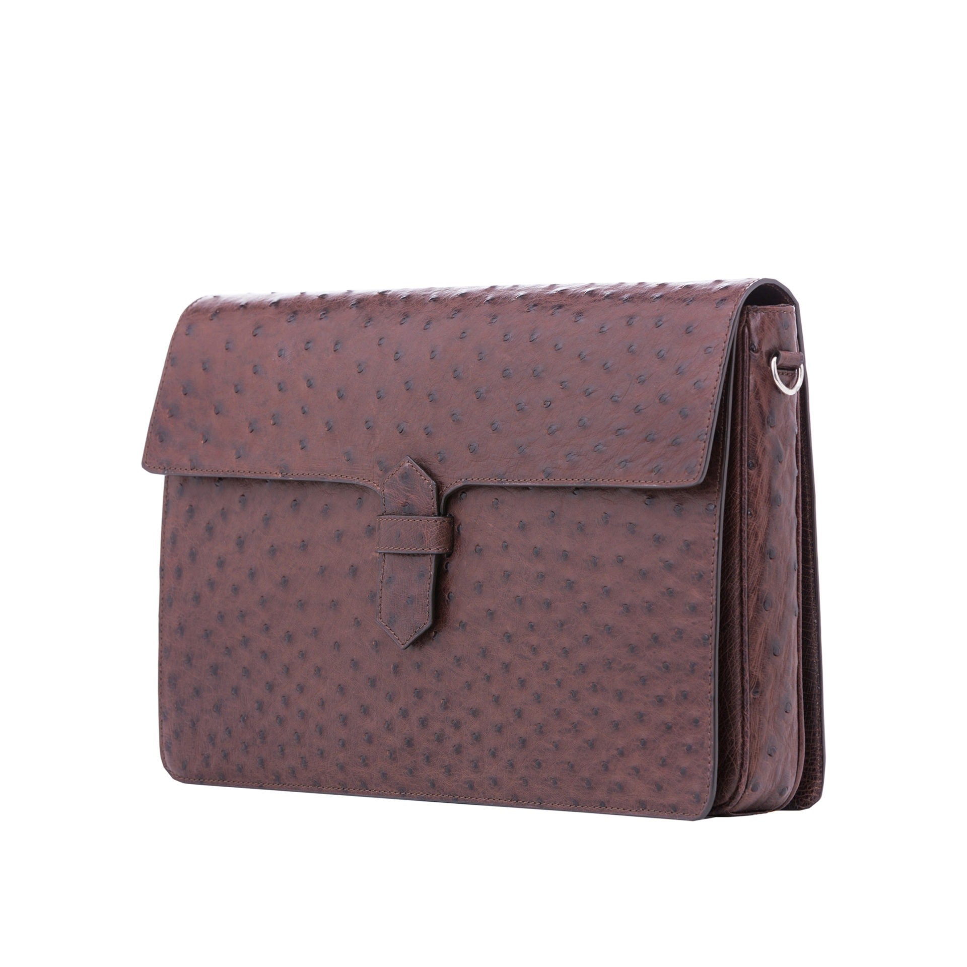 Side view of ostrich textured briefcase on a white background