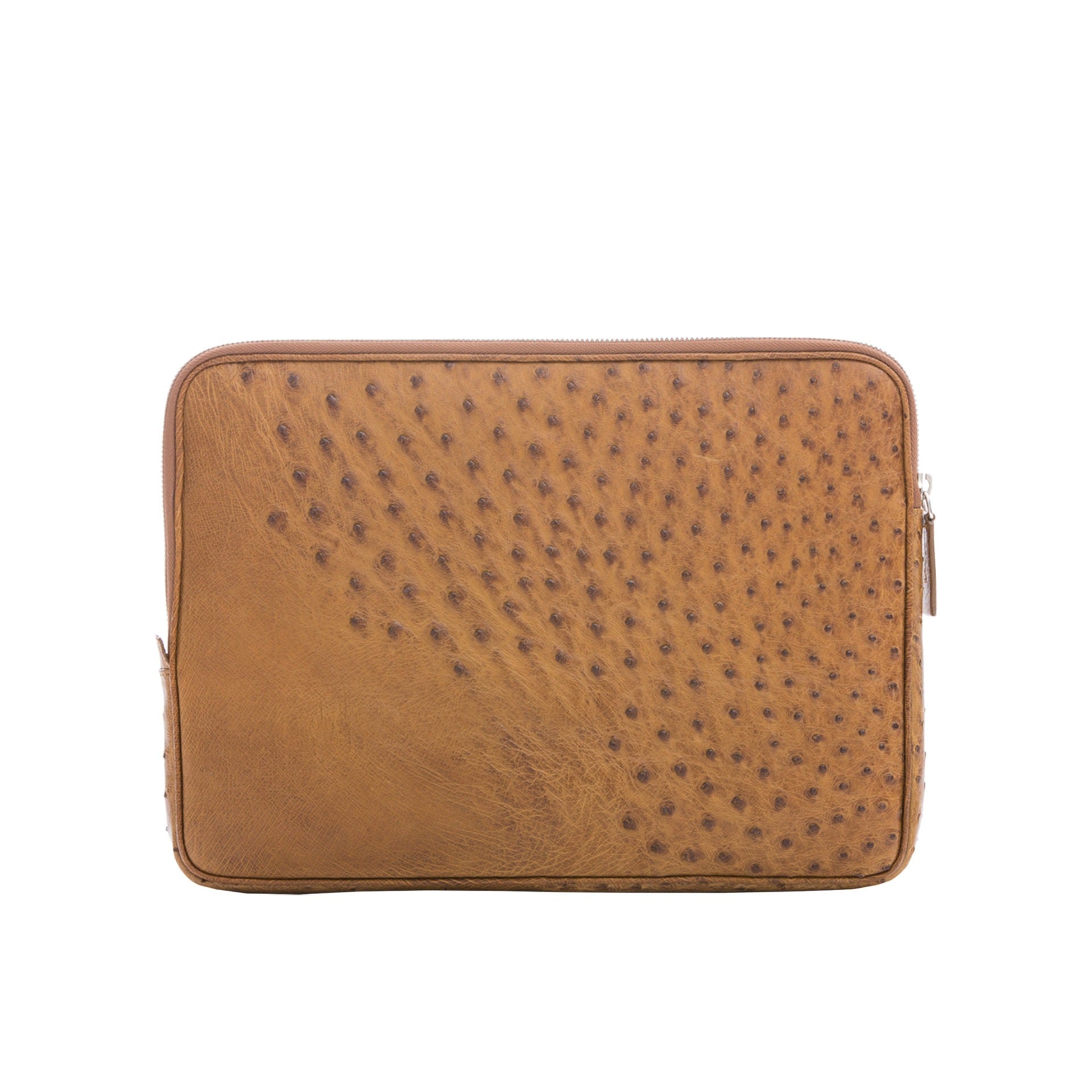 Brown ostrich textured zippered laptop case on a white background
