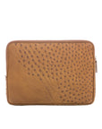 Brown ostrich textured zippered laptop case on a white background