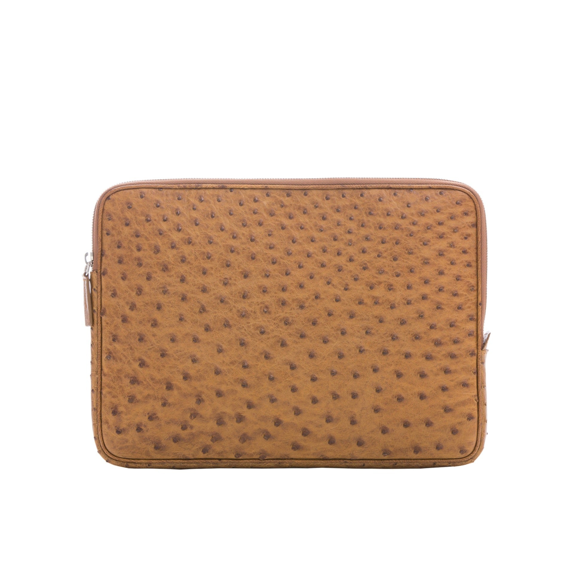 13 inch cognac ostrich laptop case on a white background