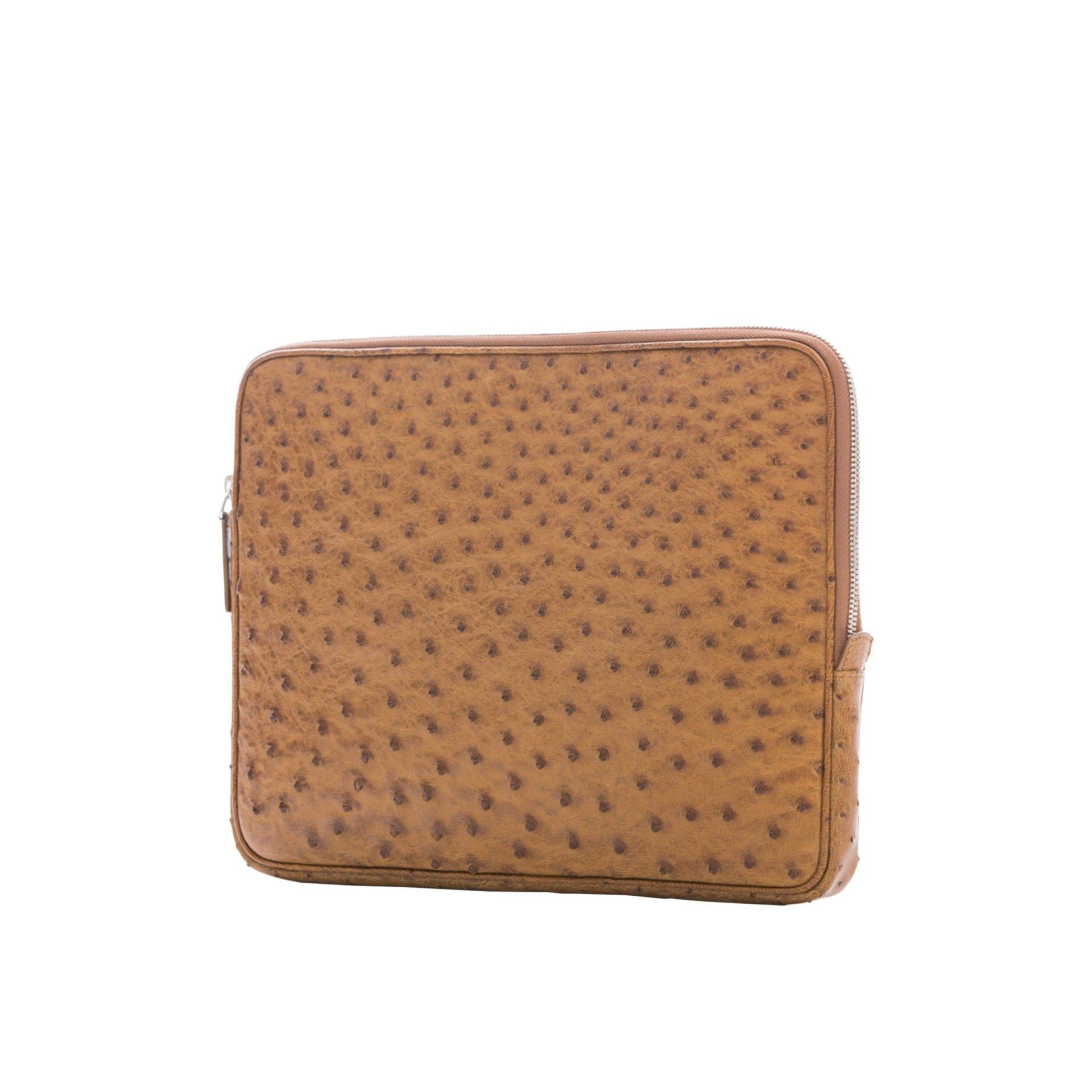Brown ostrich textured zippered laptop case on a white background