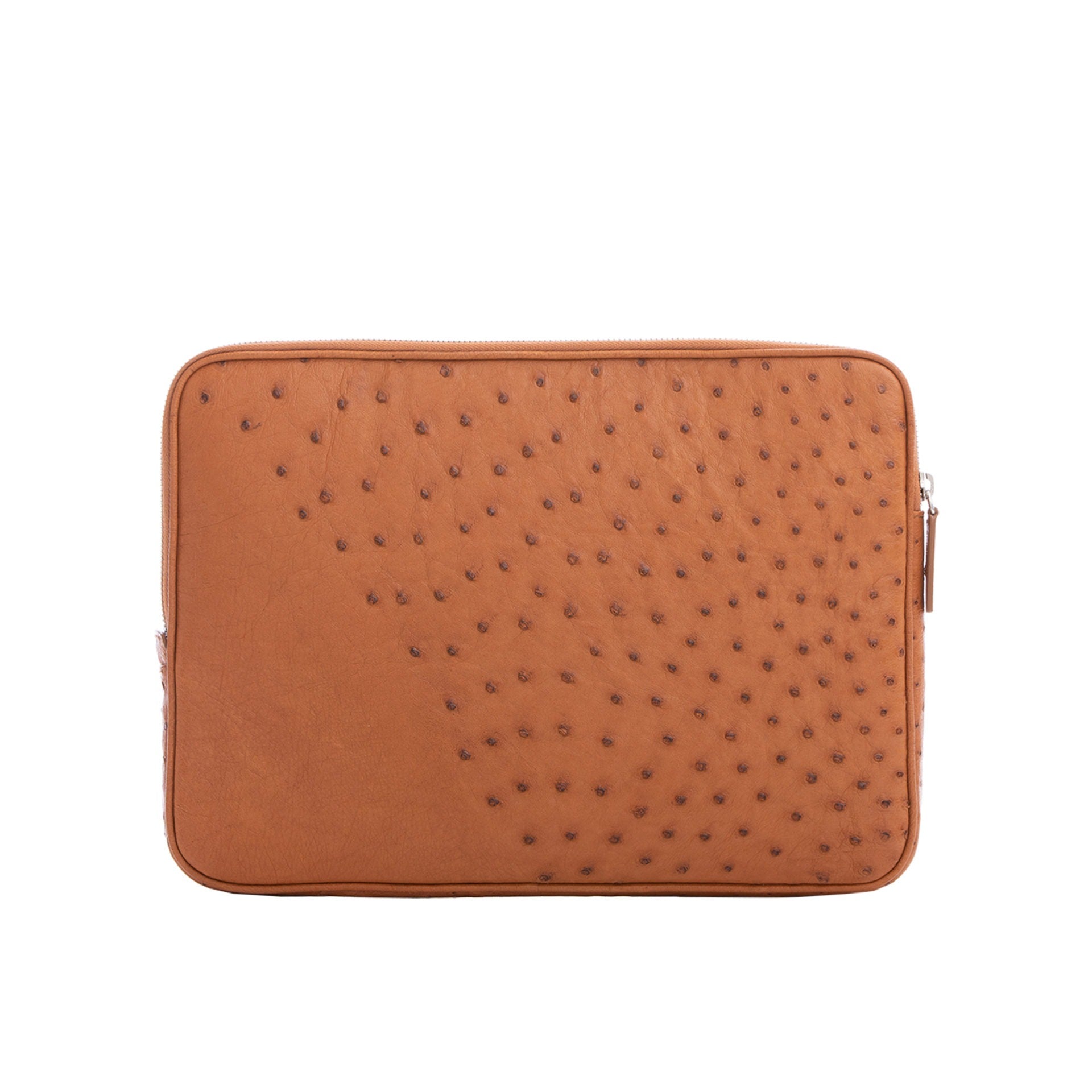 Cognac ostrich textured zippered laptop case on a white background