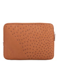 Cognac ostrich textured zippered laptop case on a white background