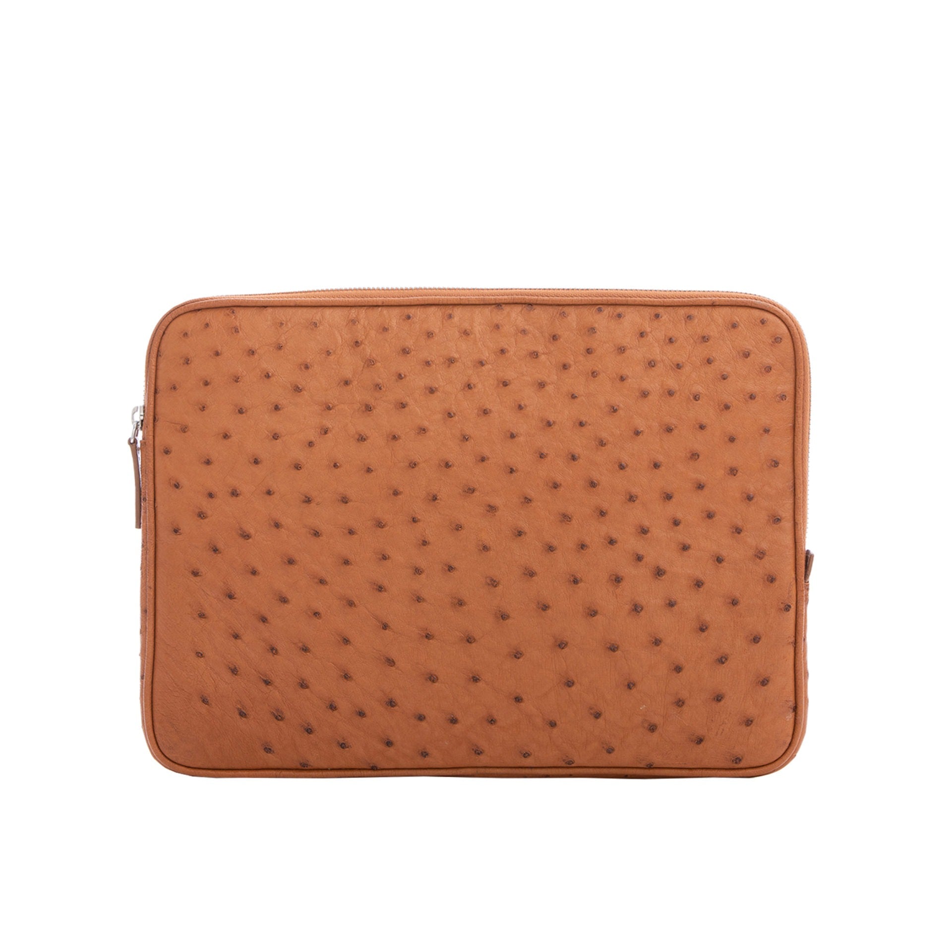 13 inch cognac ostrich laptop case on a white background