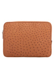 13 inch cognac ostrich laptop case on a white background