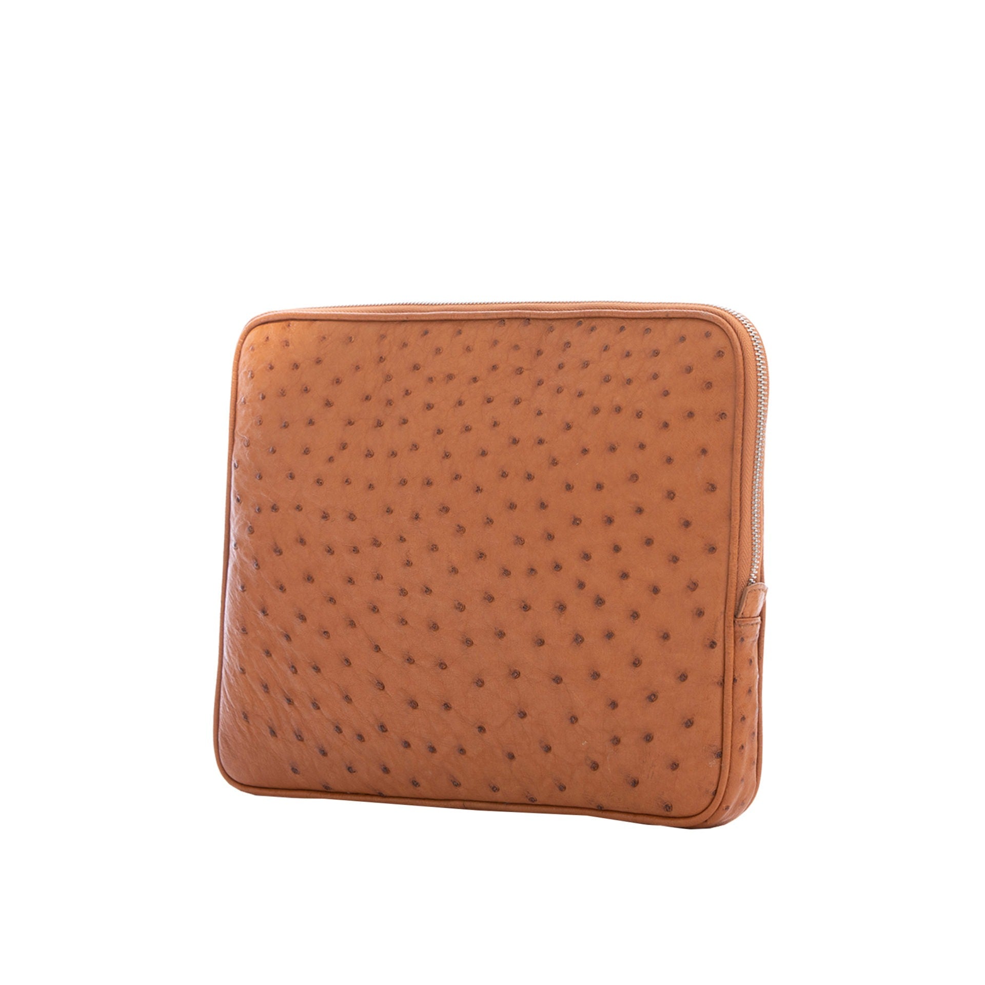 13 inch cognac ostrich laptop case on a white background
