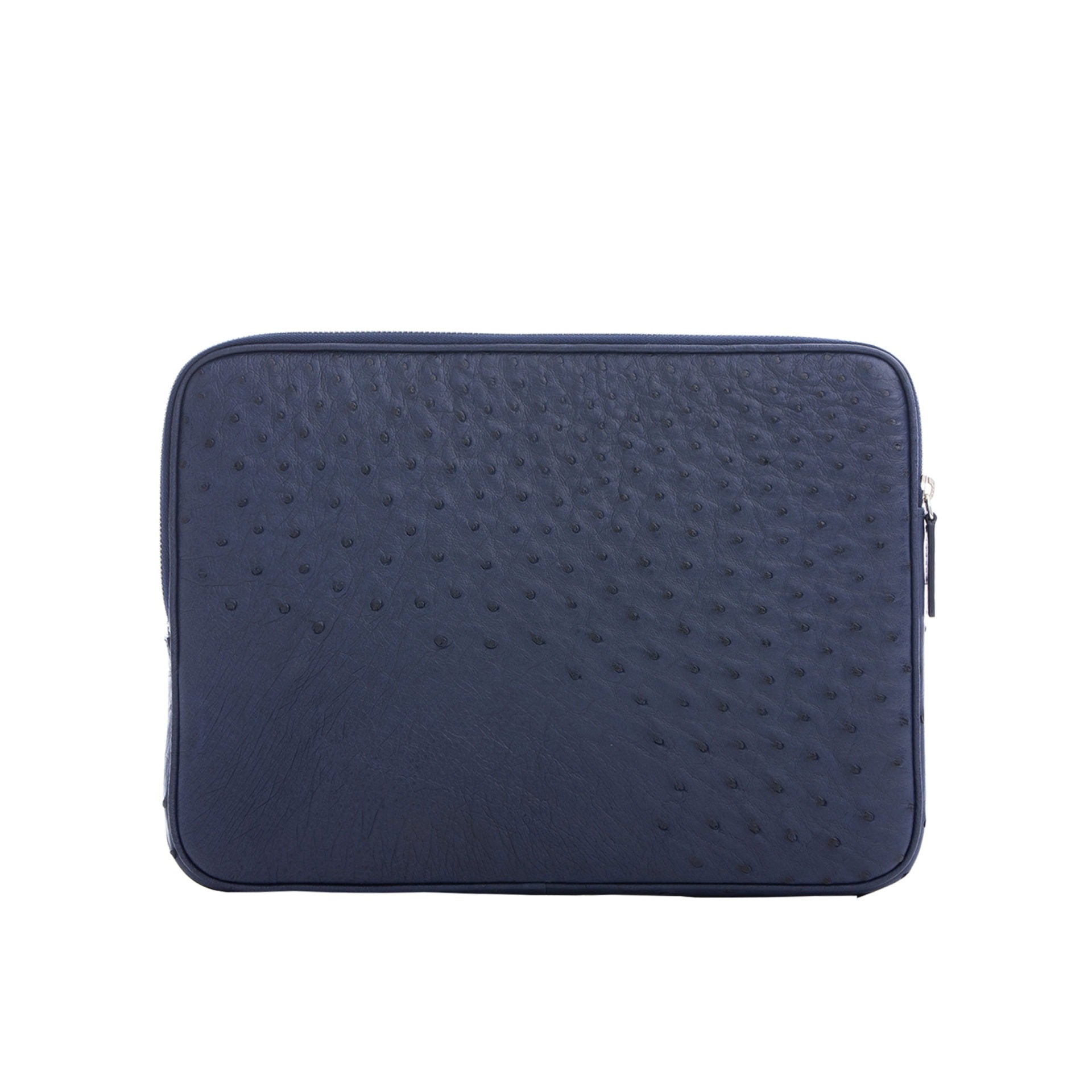 Navy ostrich textured zippered laptop case on a white background