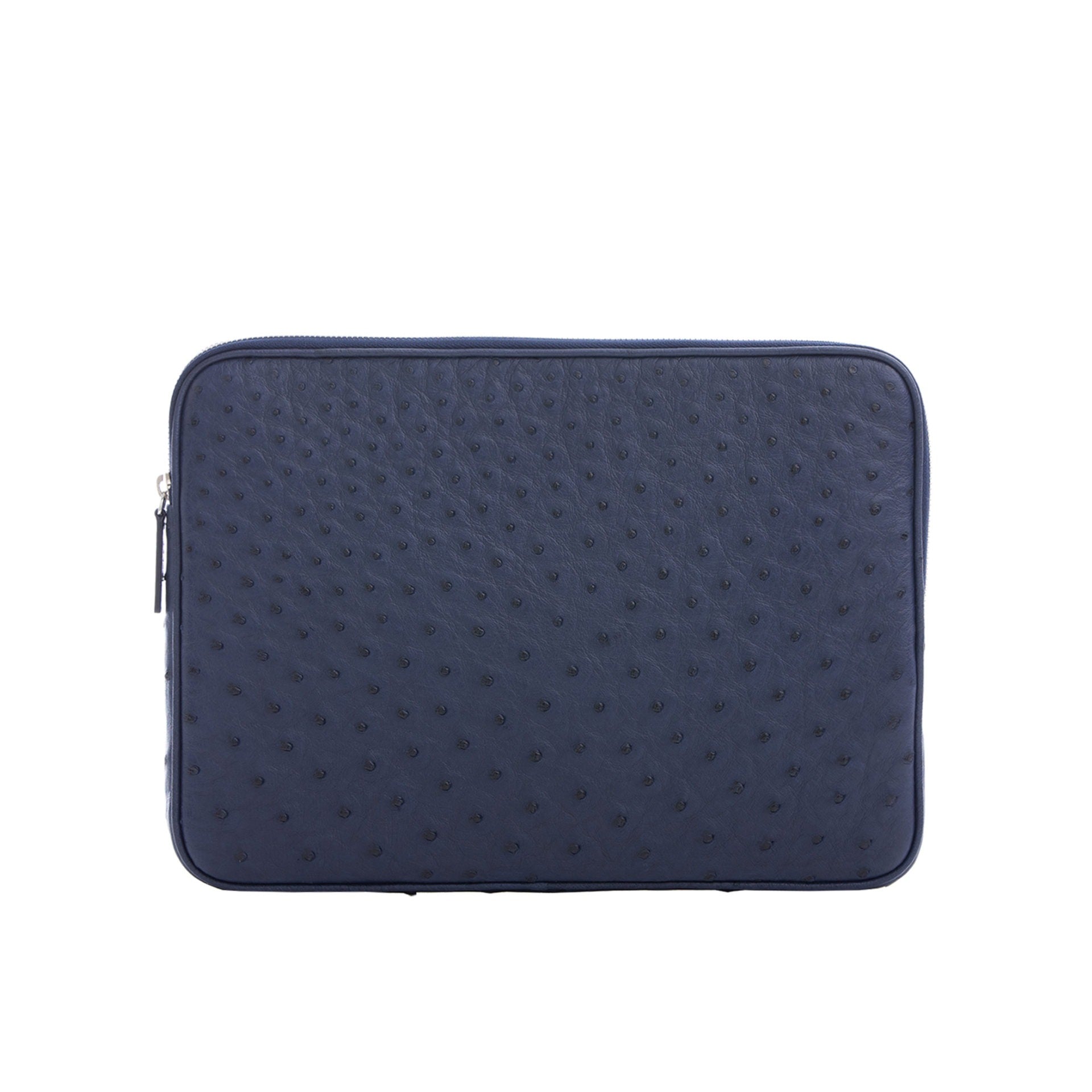 Navy ostrich textured zippered laptop case on a white background