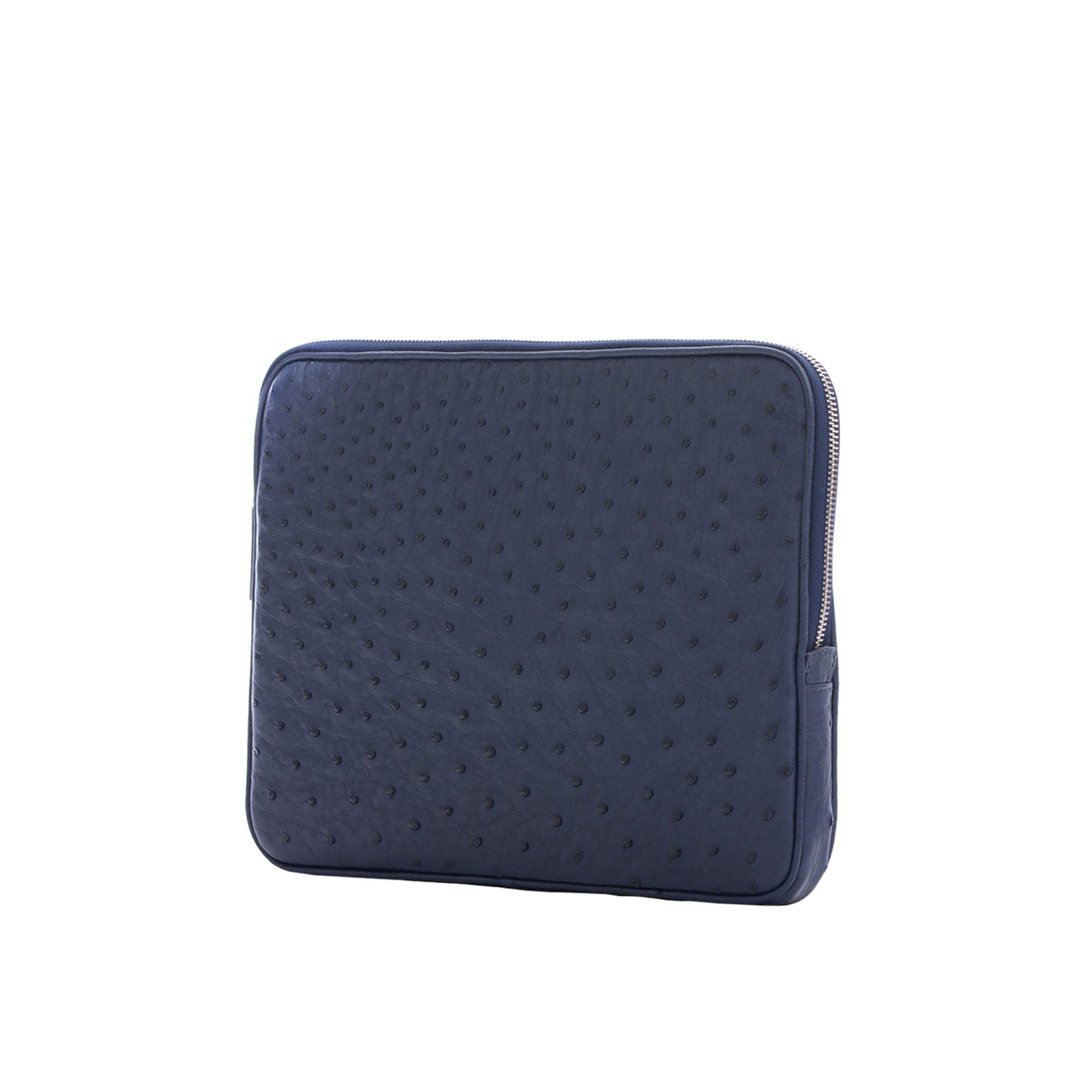 Navy ostrich textured zippered laptop case on a white background