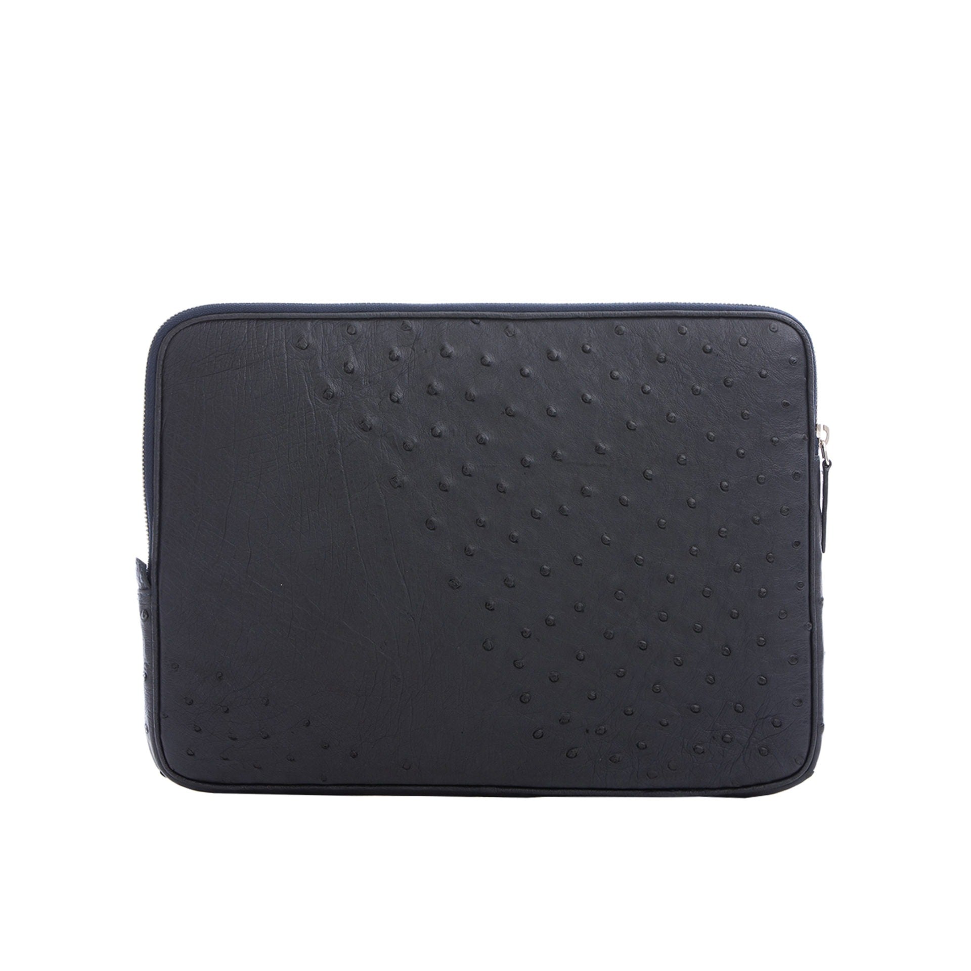 Black ostrich textured zippered laptop case on a white background