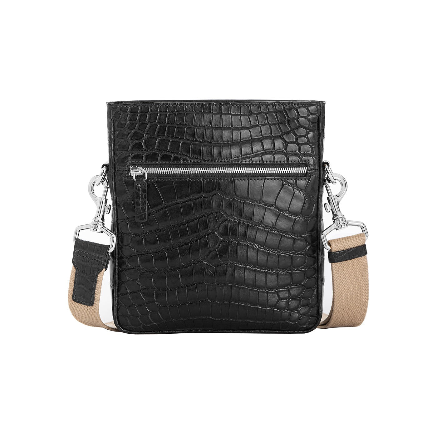 Black crocodile crossbody bag on a white background