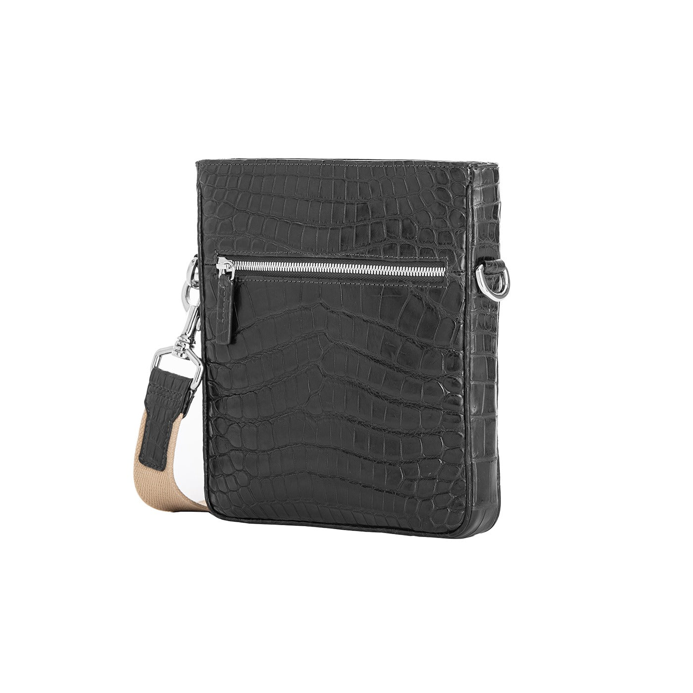 Black crocodile crossbody bag on a white background
