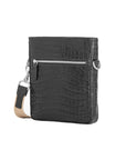 Black crocodile crossbody bag on a white background