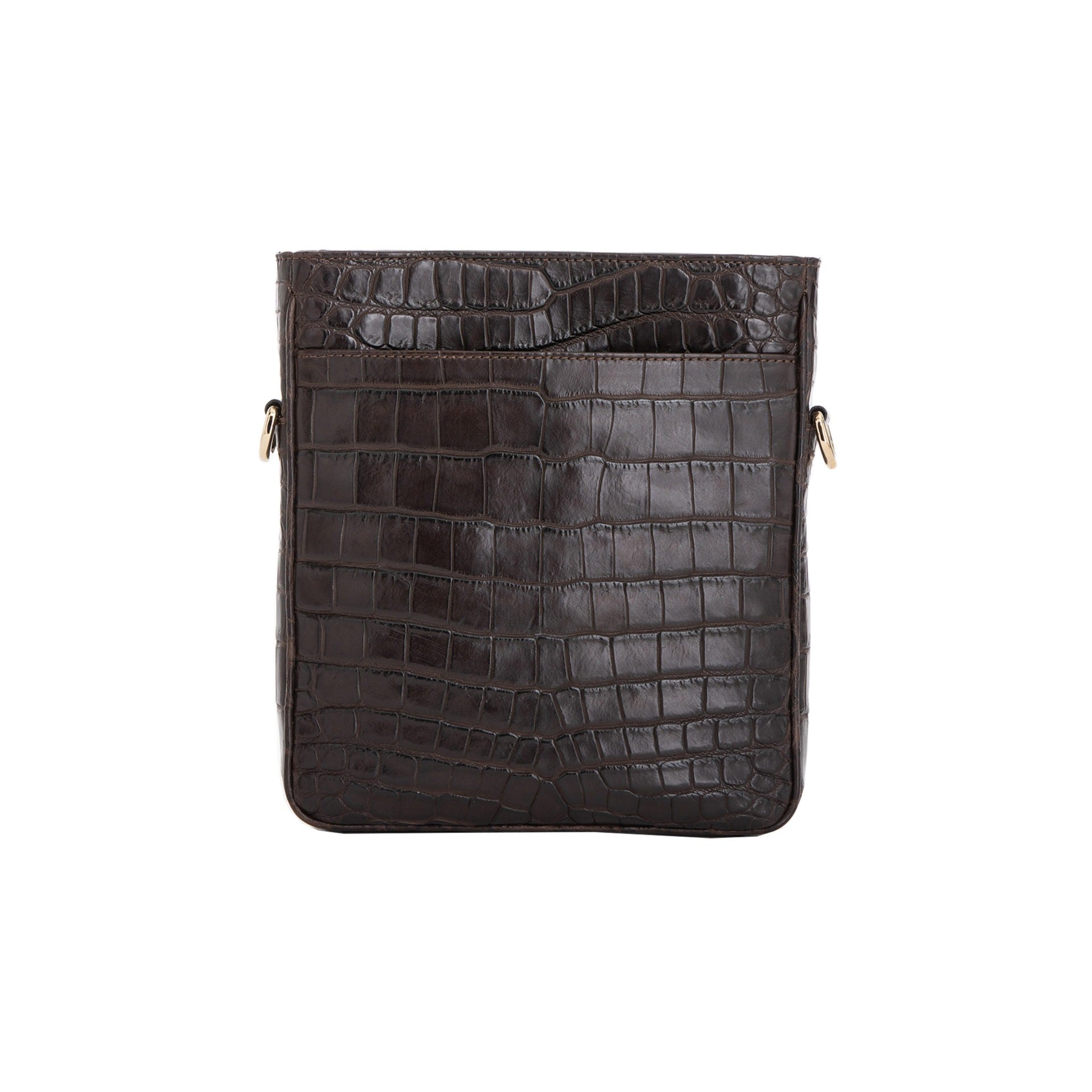 Brown crocodile crossbody bag on a white background