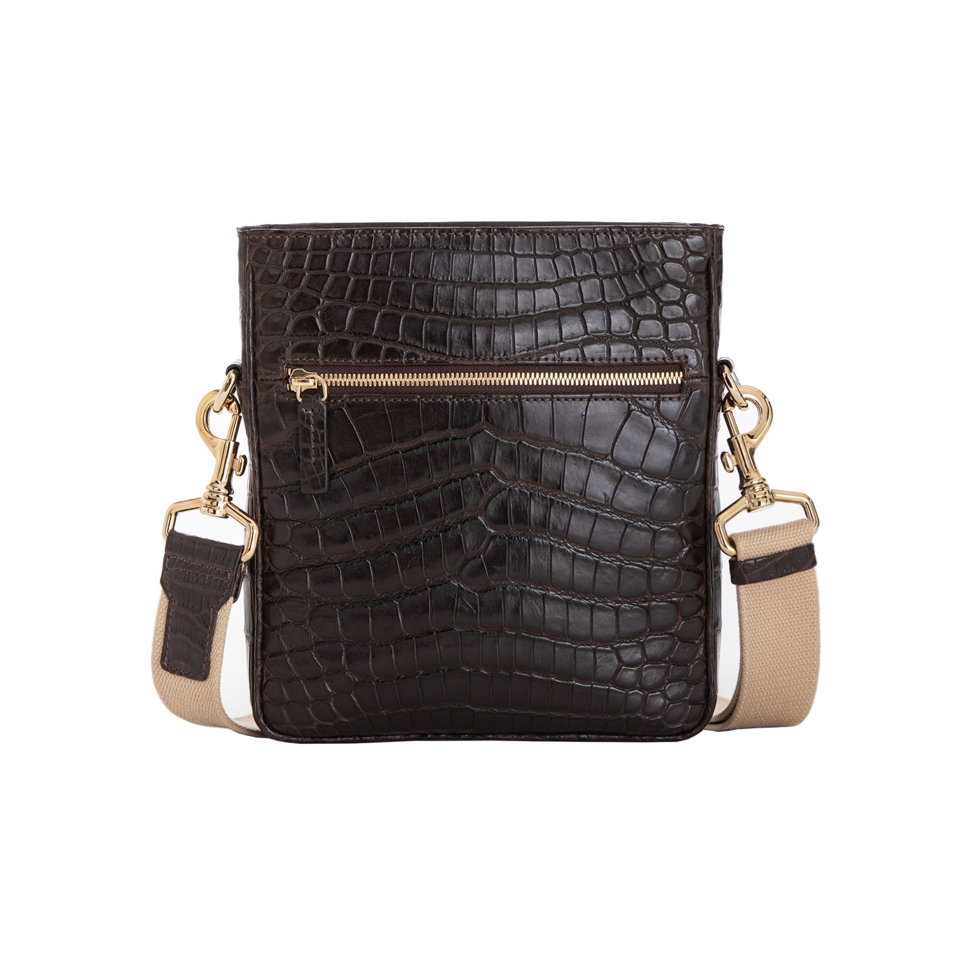 Brown crocodile-patterned handbag with beige accents on a white background