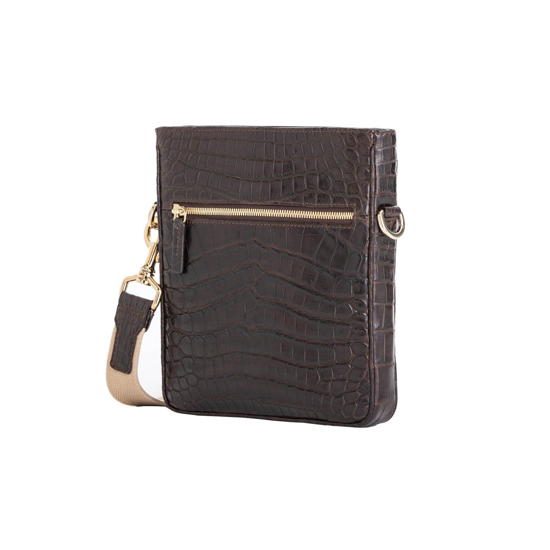 Brown crocodile crossbody bag on a white background