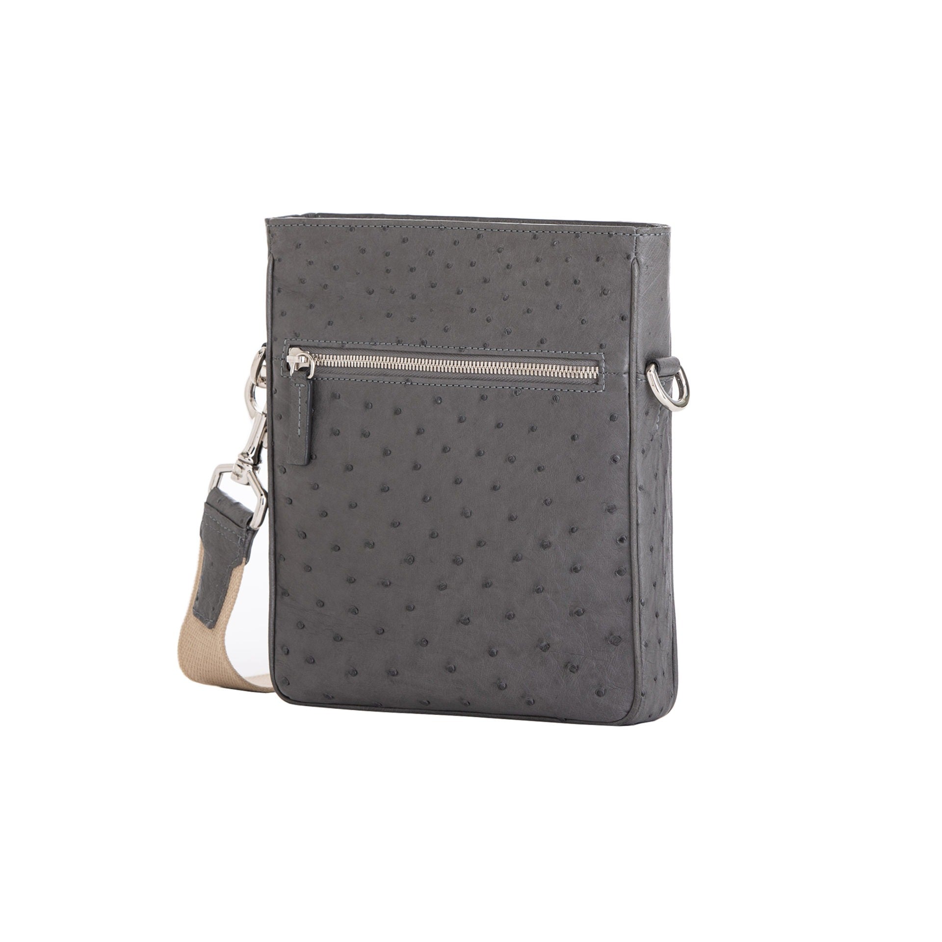 Anthracite ostrich leather crossbody bag with zipper and strap on a white background