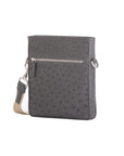 Anthracite ostrich leather crossbody bag with zipper and strap on a white background