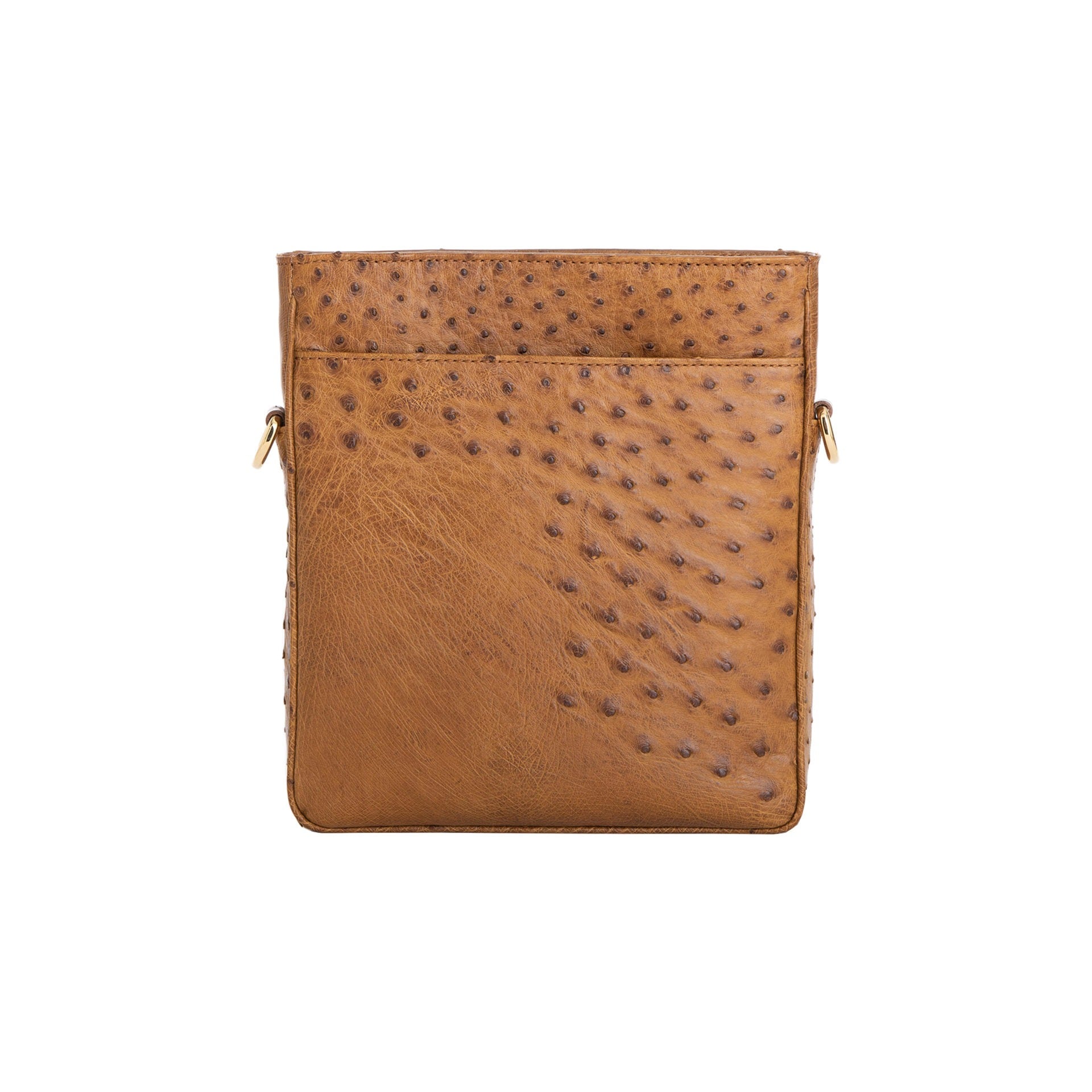 Antique brown ostrich leather crossbody bag with zipper and strap on a white background