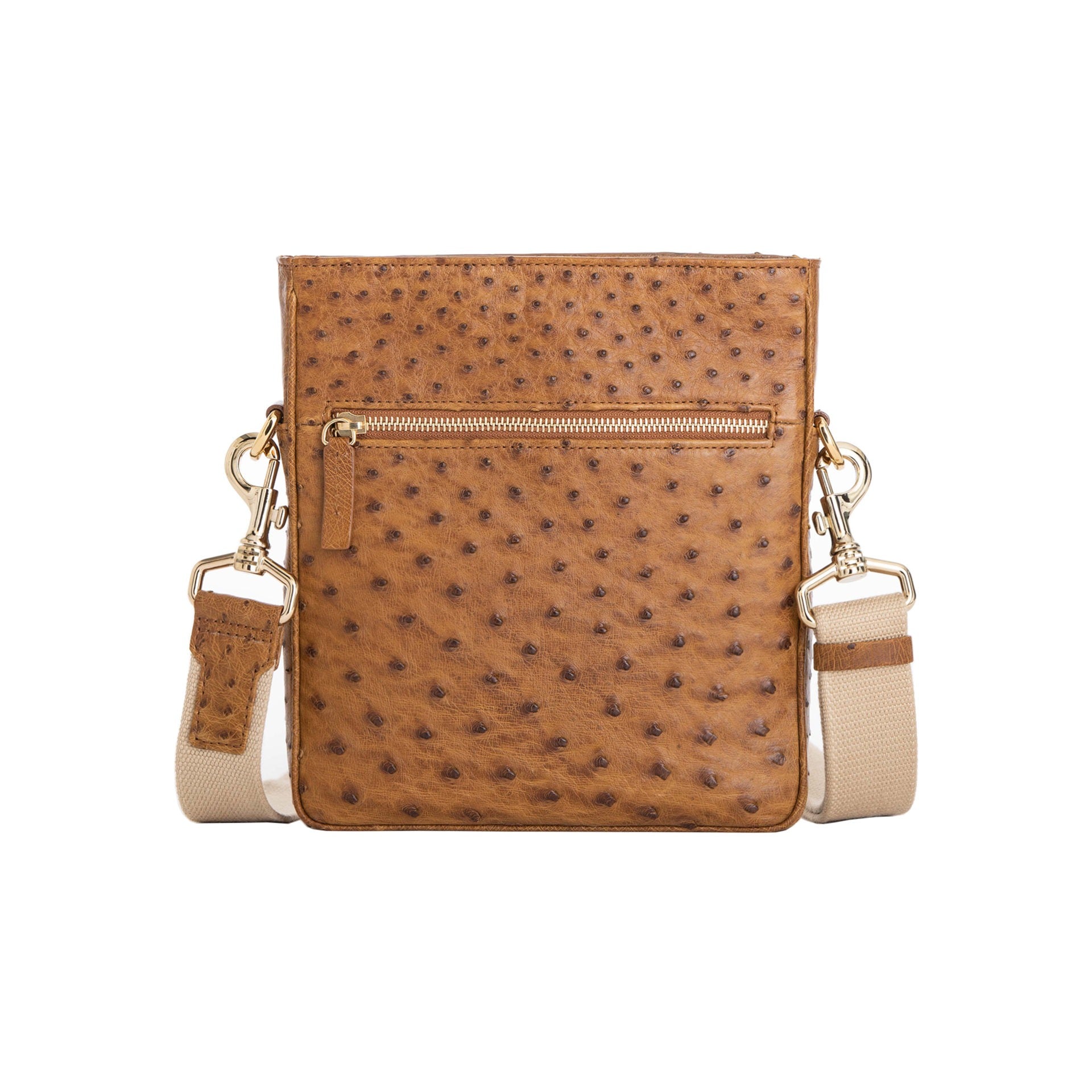 Antique brown ostrich leather crossbody bag with zipper and strap on a white background