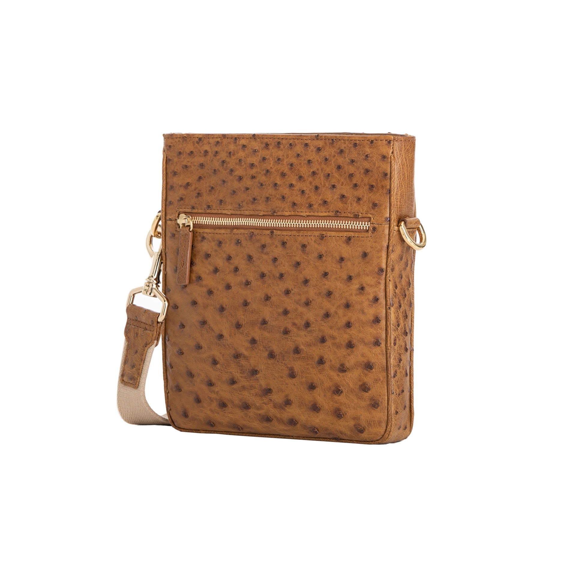 Antique brown ostrich leather crossbody bag with zipper and strap on a white background