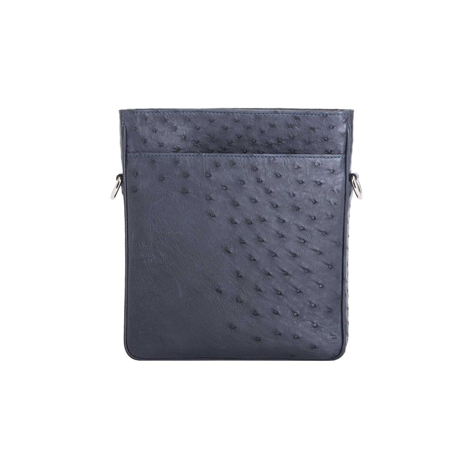Navy ostrich leather crossbody bag with zipper on a white background